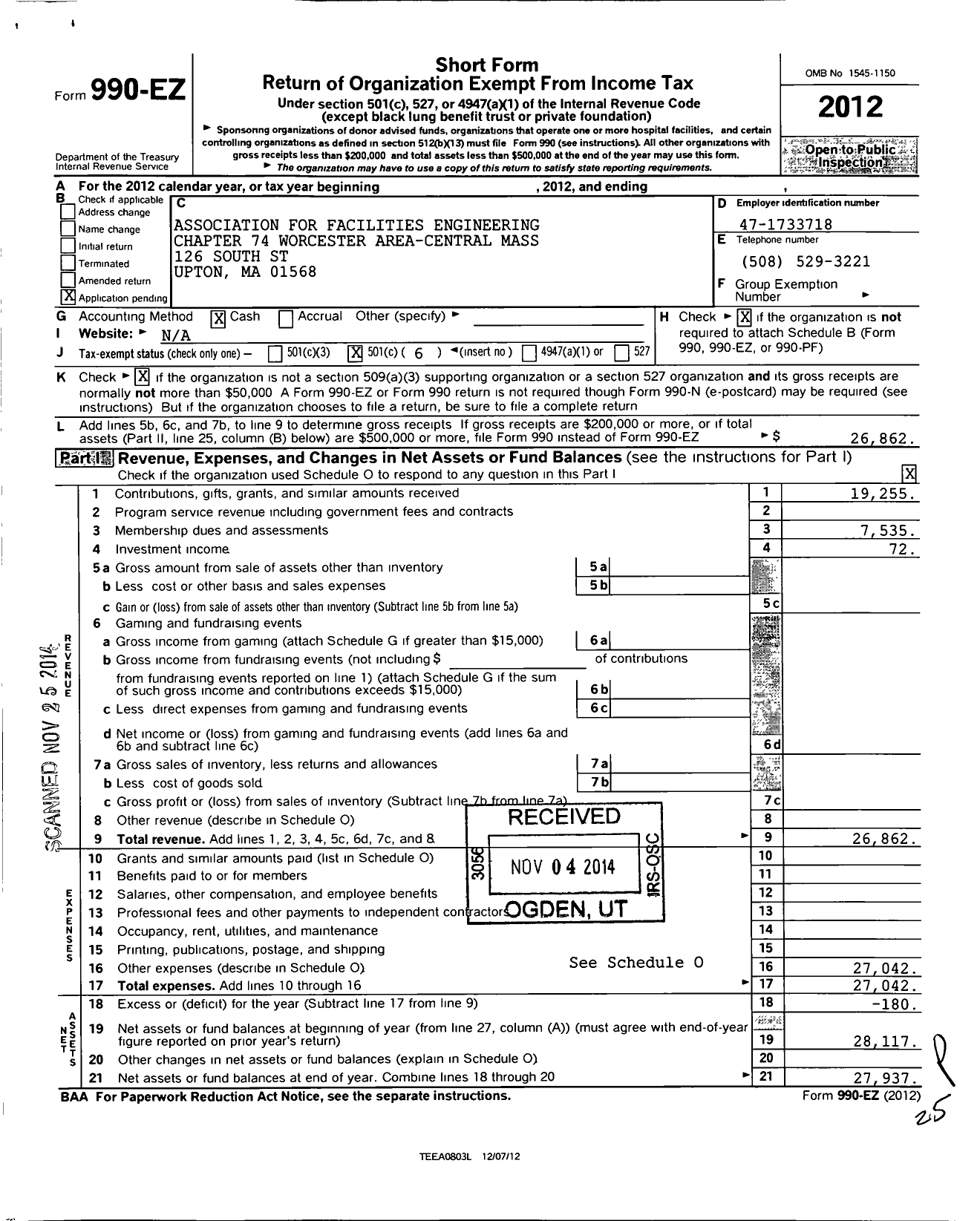 Image of first page of 2012 Form 990EO for Association for Facilites Engineering Chapter 74 Worcester A