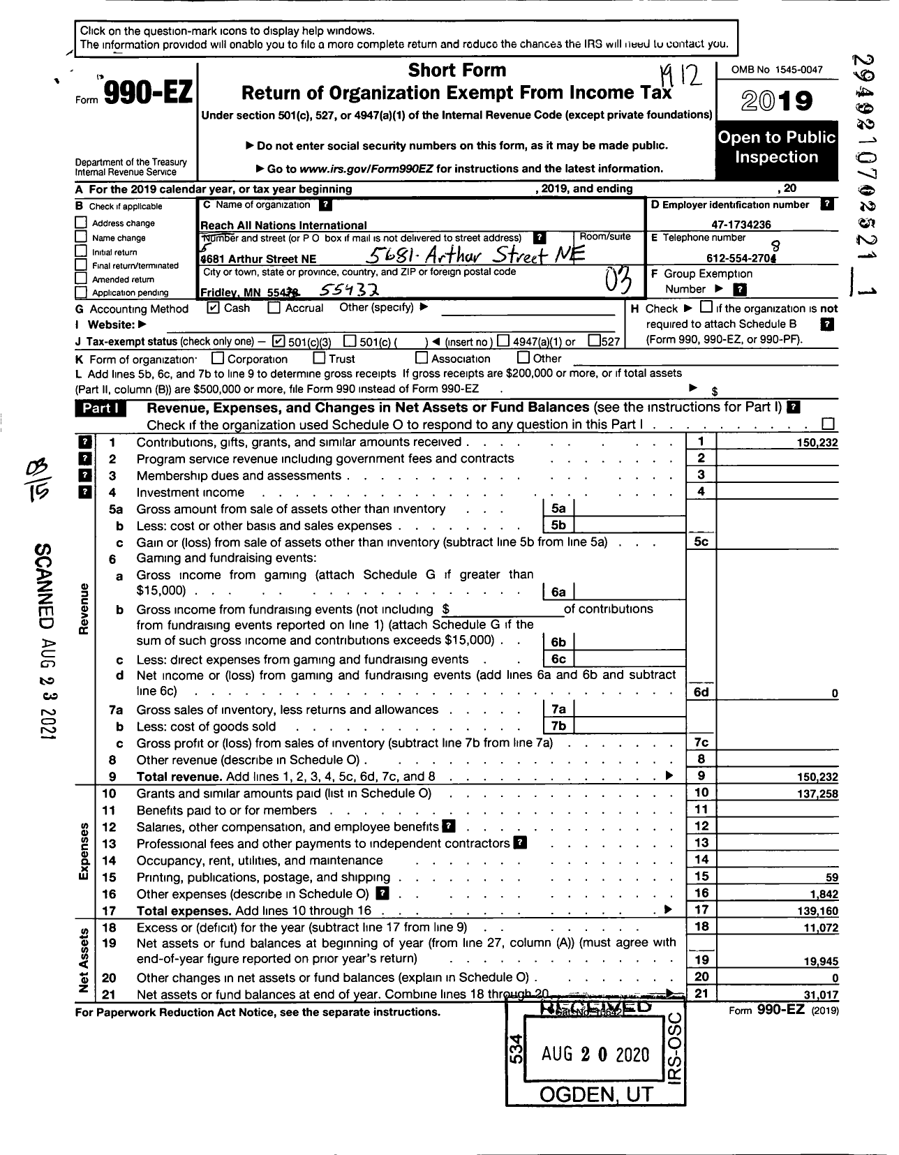 Image of first page of 2019 Form 990EZ for Reach All Nations International