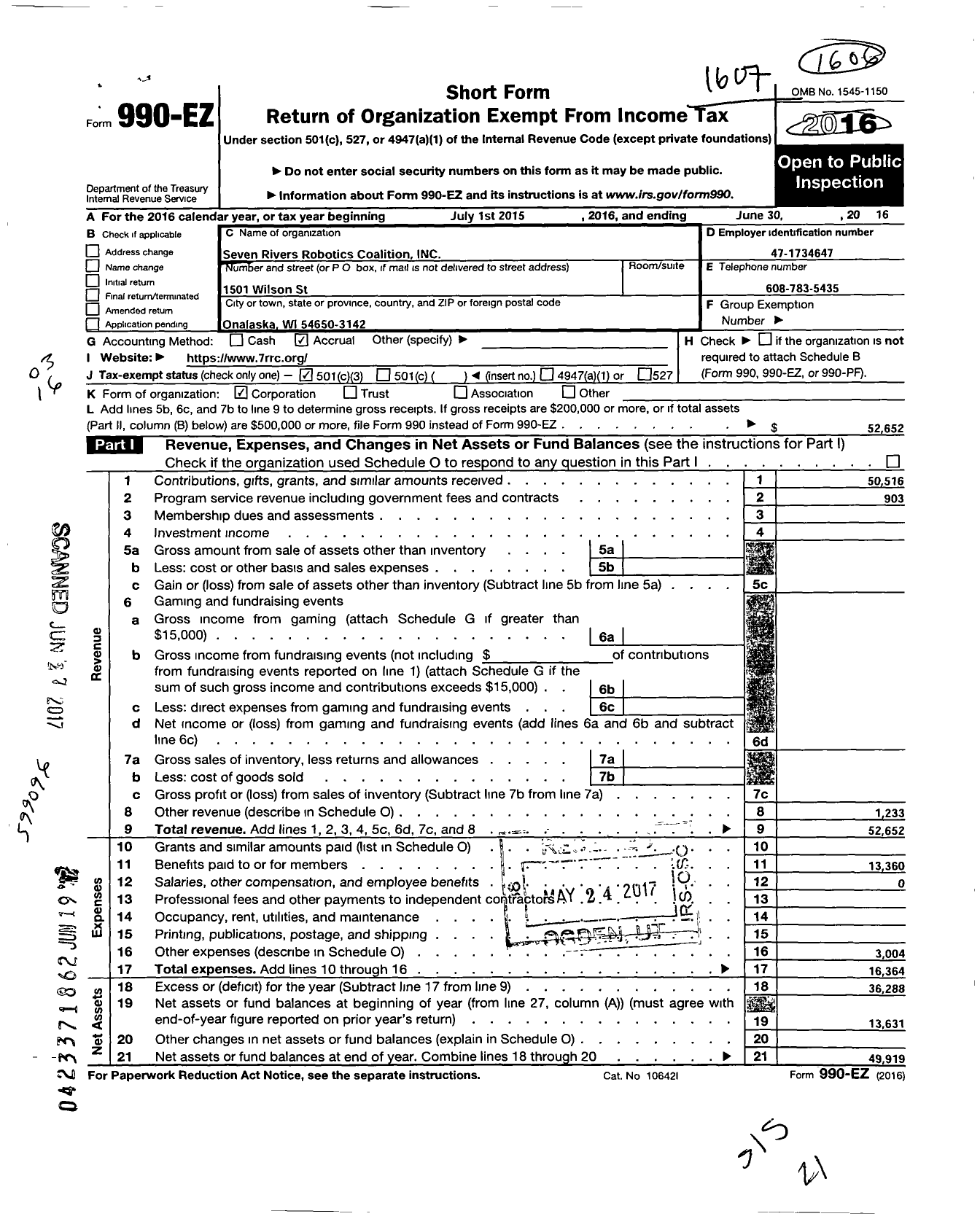 Image of first page of 2015 Form 990EZ for Seven Rivers Robotics Coalition