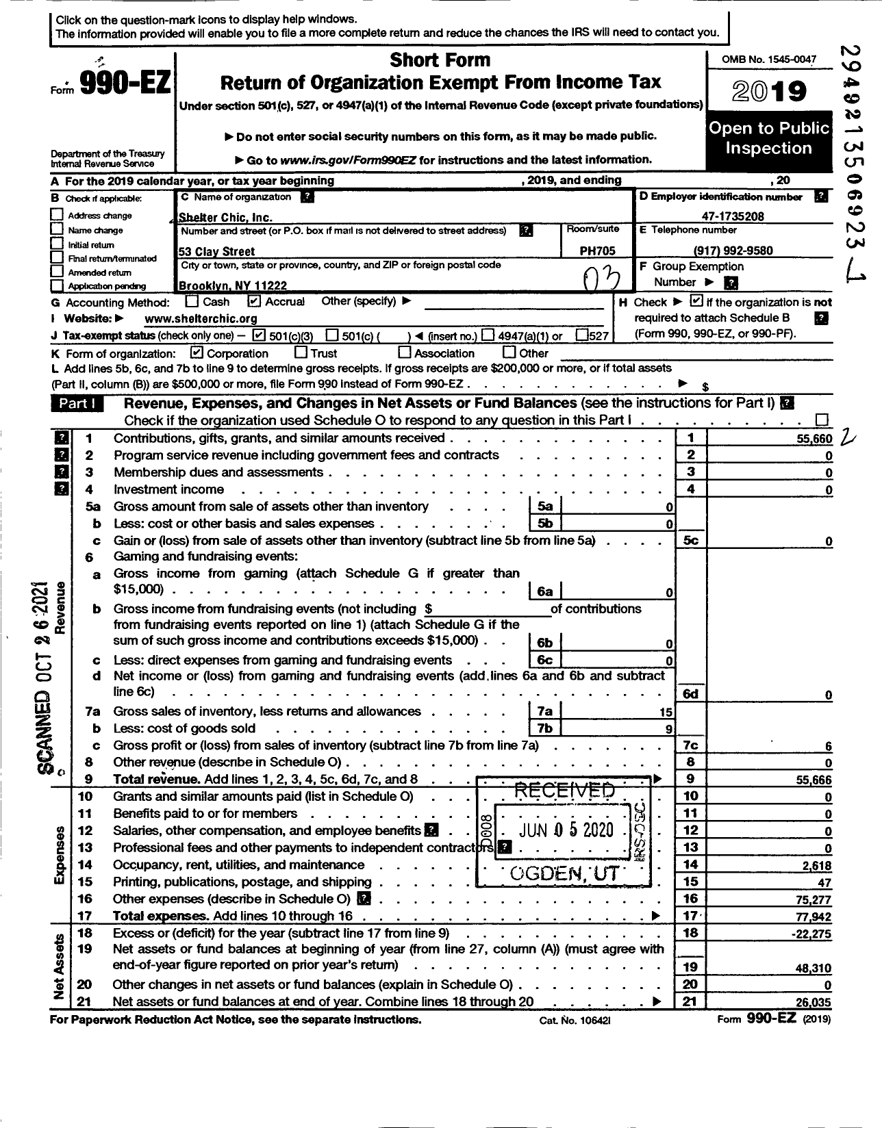 Image of first page of 2019 Form 990EZ for Shelter Chic