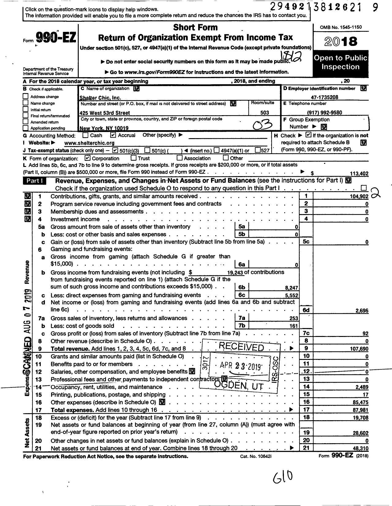 Image of first page of 2018 Form 990EZ for Shelter Chic