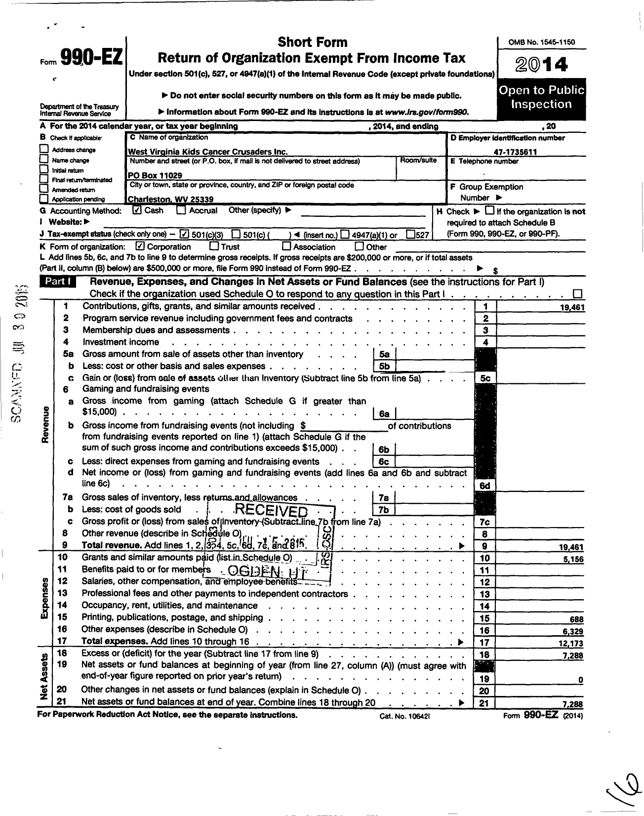 Image of first page of 2014 Form 990EZ for West Virginia Kids Cancer Crusaders