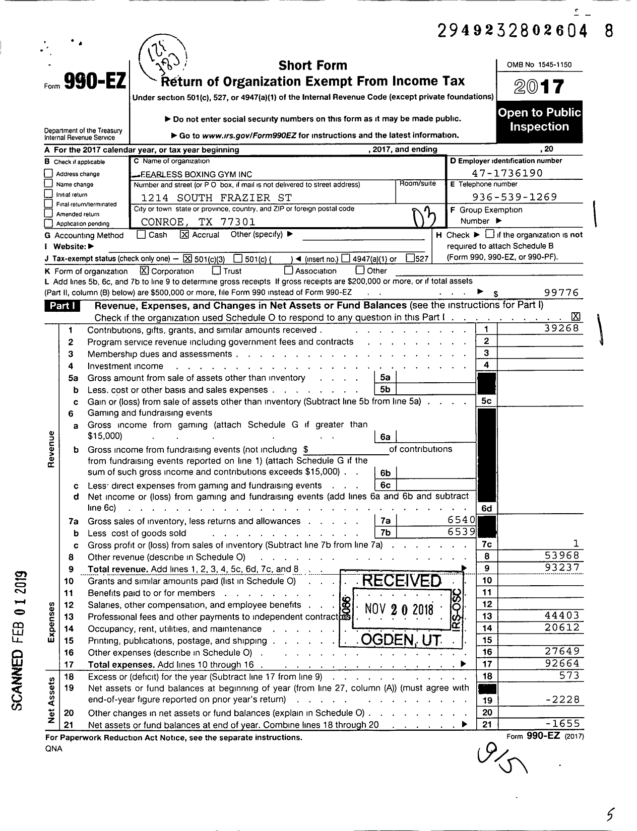 Image of first page of 2017 Form 990EZ for Fearless Boxing Gym