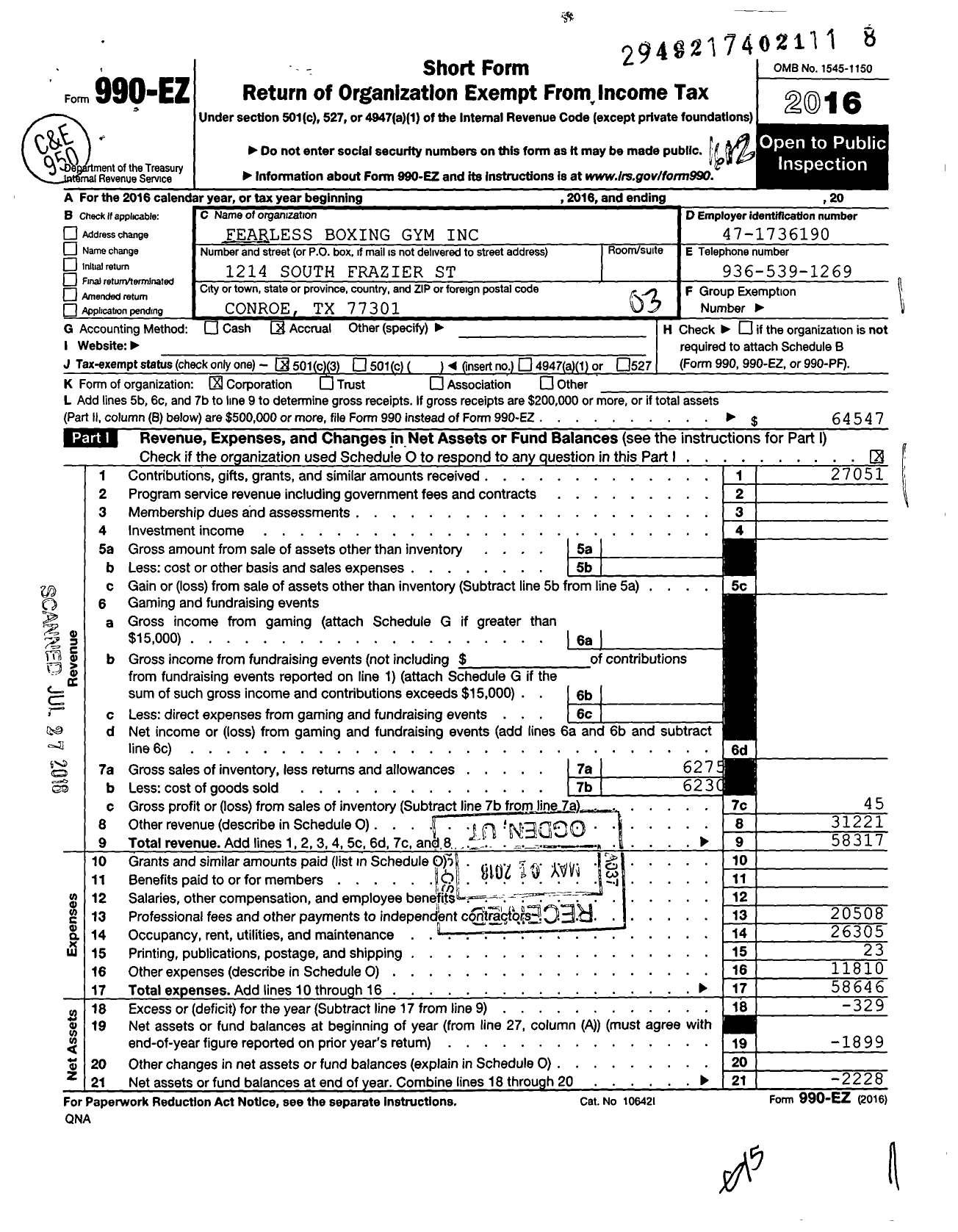 Image of first page of 2016 Form 990EZ for Fearless Boxing Gym