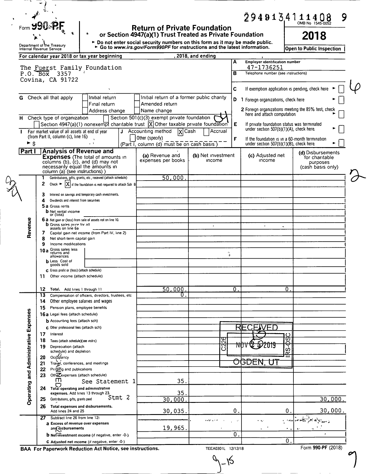 Image of first page of 2018 Form 990PF for Fuerst Family Foundation