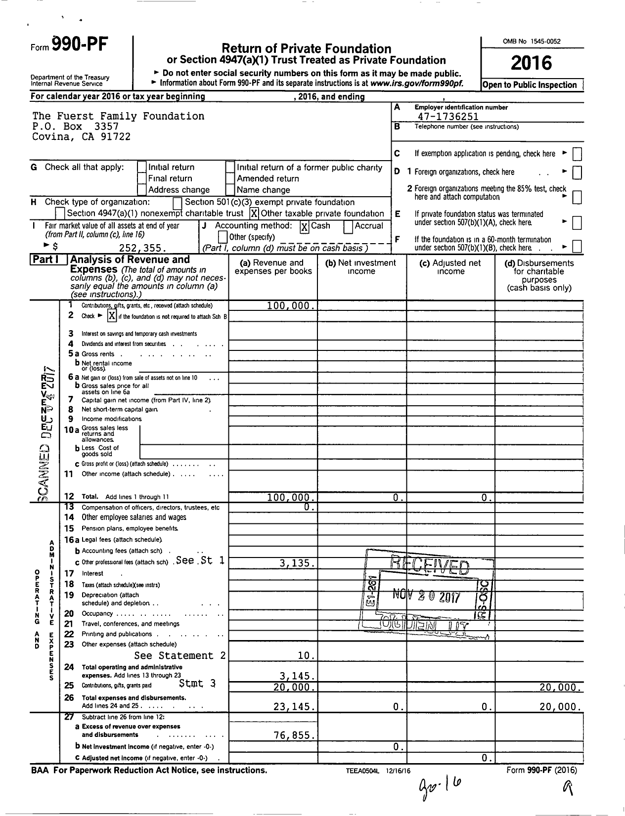 Image of first page of 2016 Form 990PF for Fuerst Family Foundation