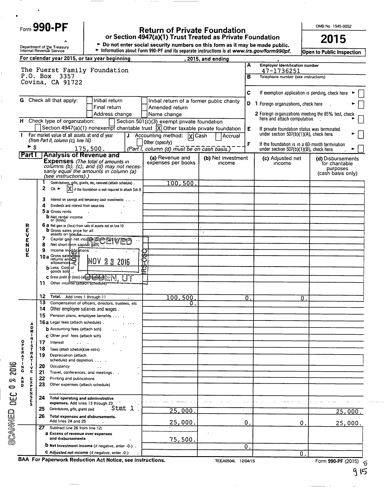 Image of first page of 2015 Form 990PF for Fuerst Family Foundation