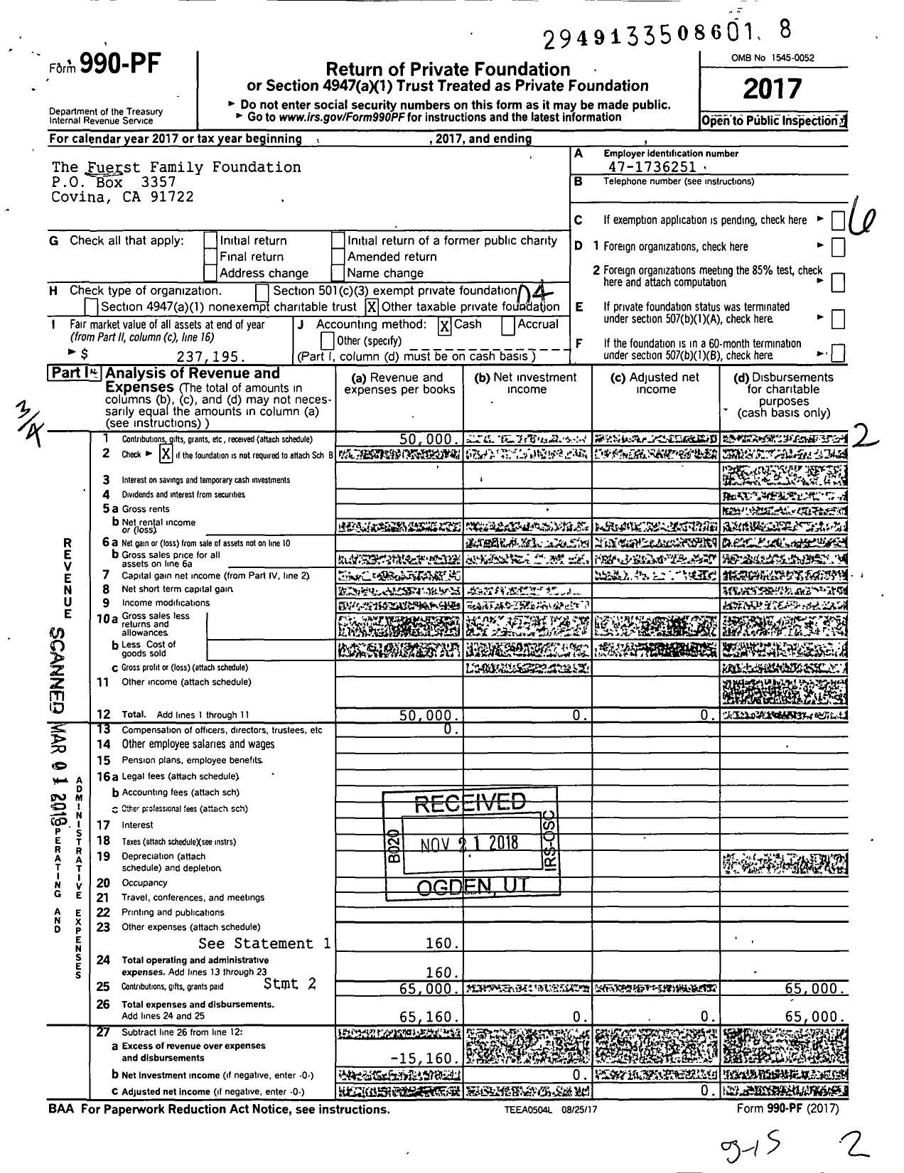 Image of first page of 2017 Form 990PF for Fuerst Family Foundation