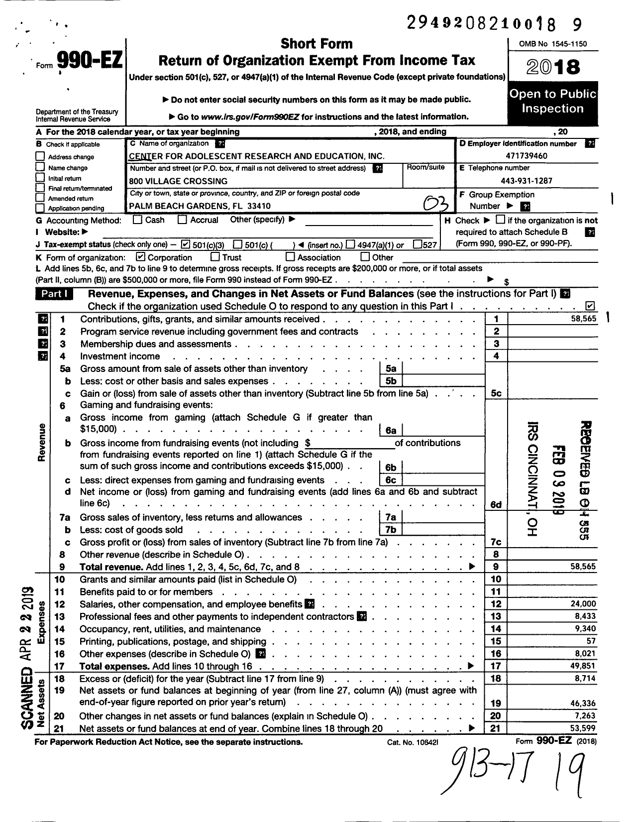 Image of first page of 2018 Form 990EZ for Center for Adolescent Research and Education