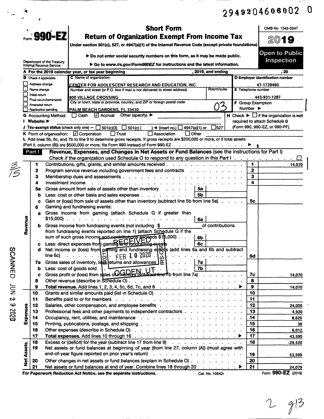 Image of first page of 2019 Form 990EZ for Center for Adolescent Research and Education