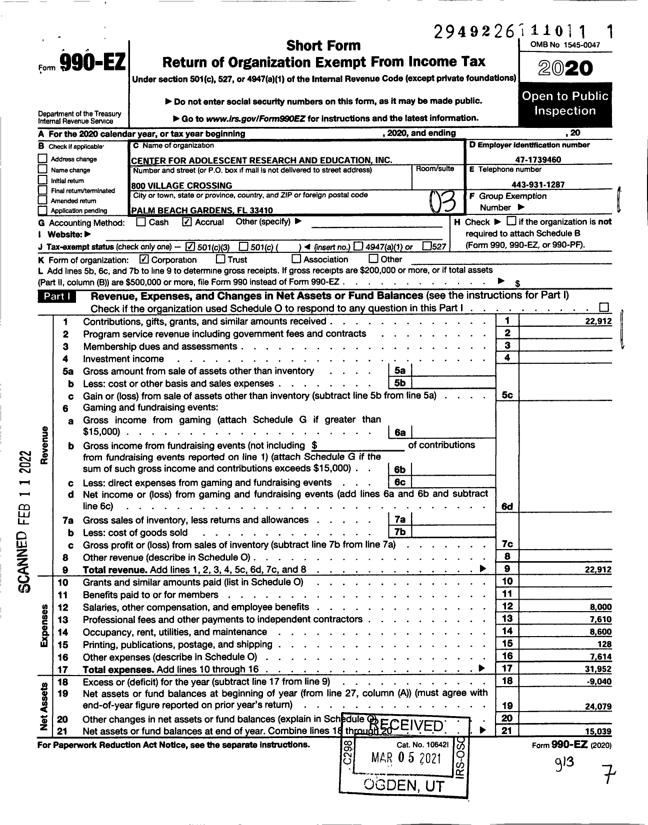 Image of first page of 2020 Form 990EZ for Center for Adolescent Research and Education