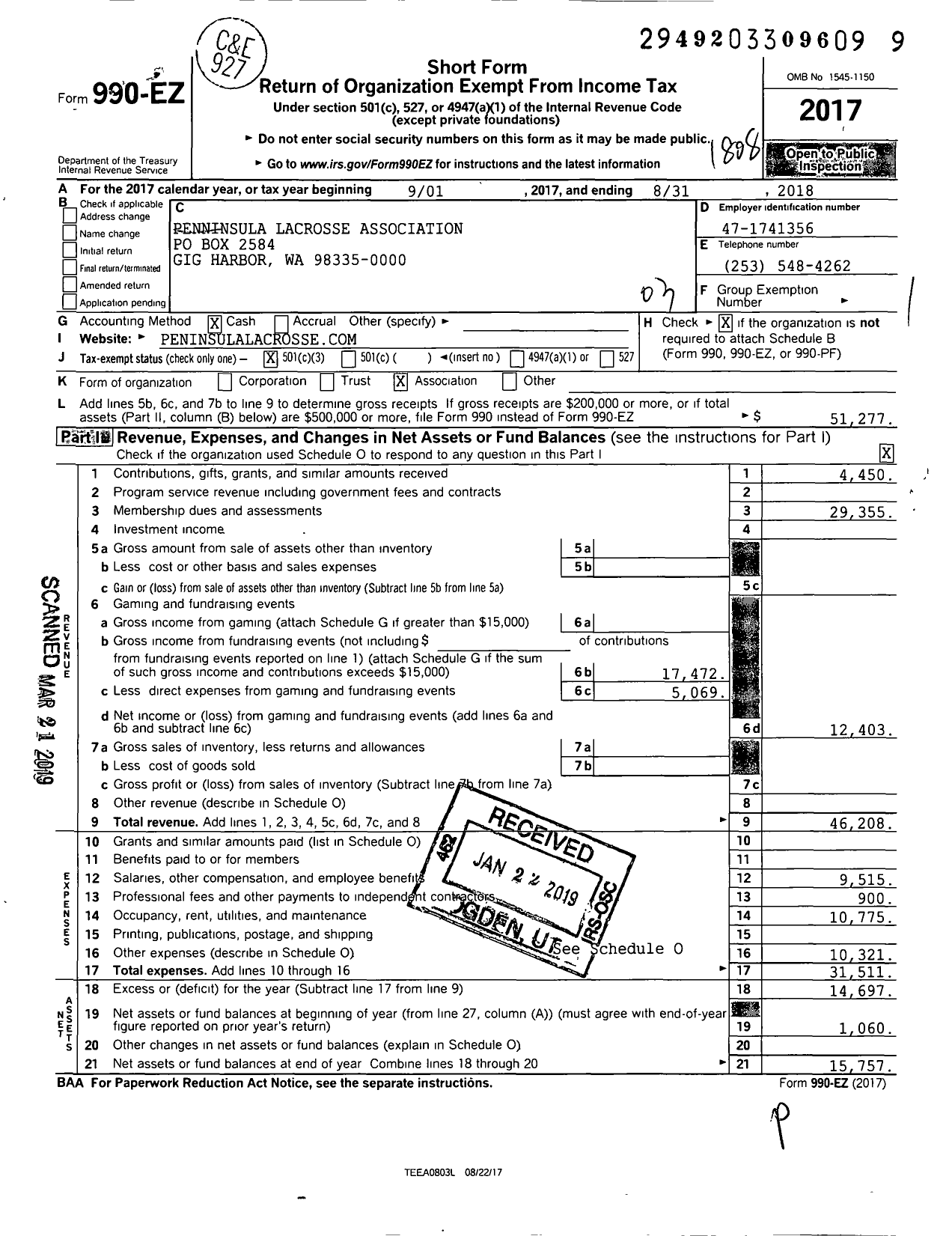 Image of first page of 2017 Form 990EZ for Penninsula Lacrosse Association