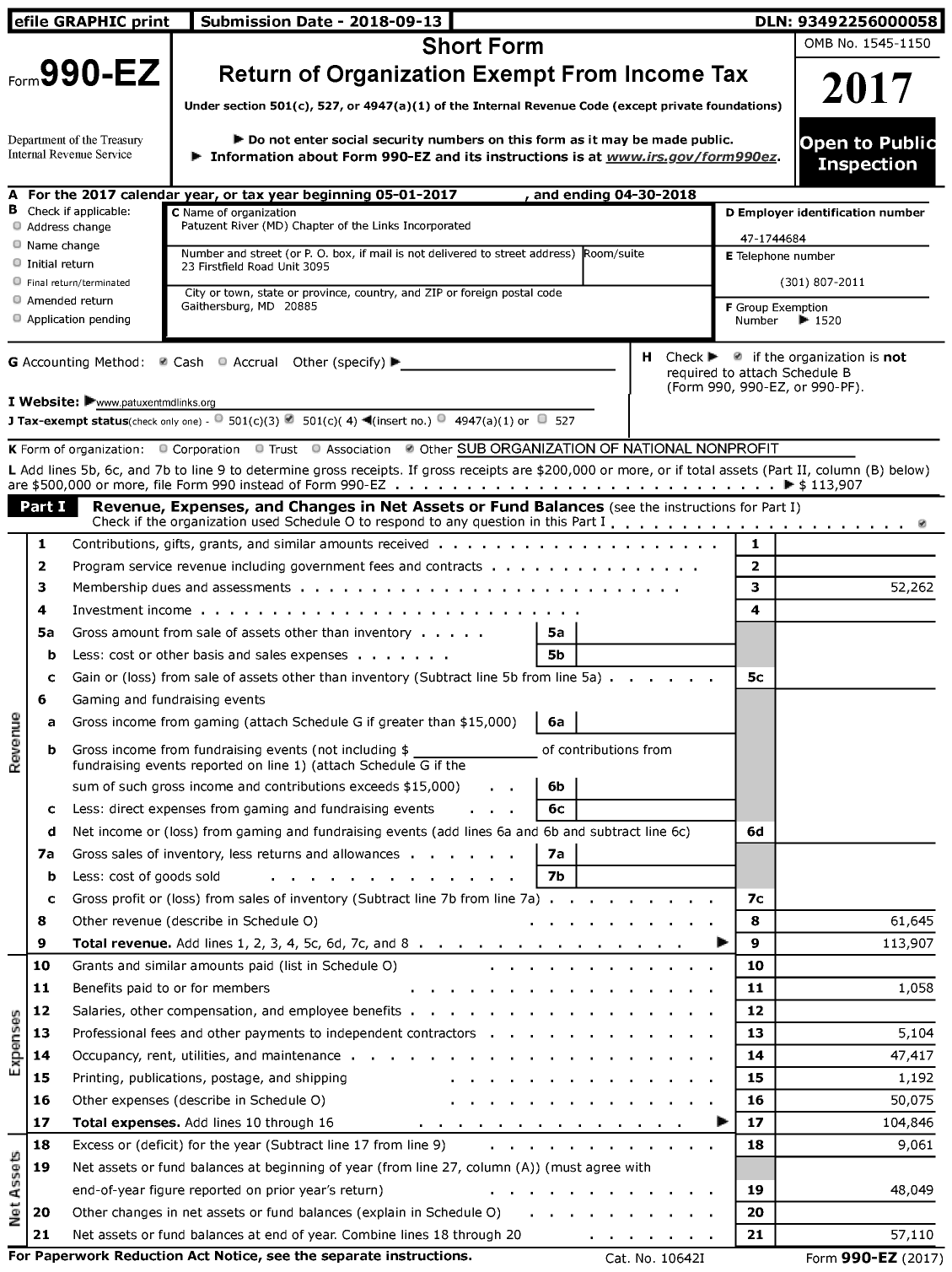 Image of first page of 2017 Form 990EZ for Links / Patuxent River