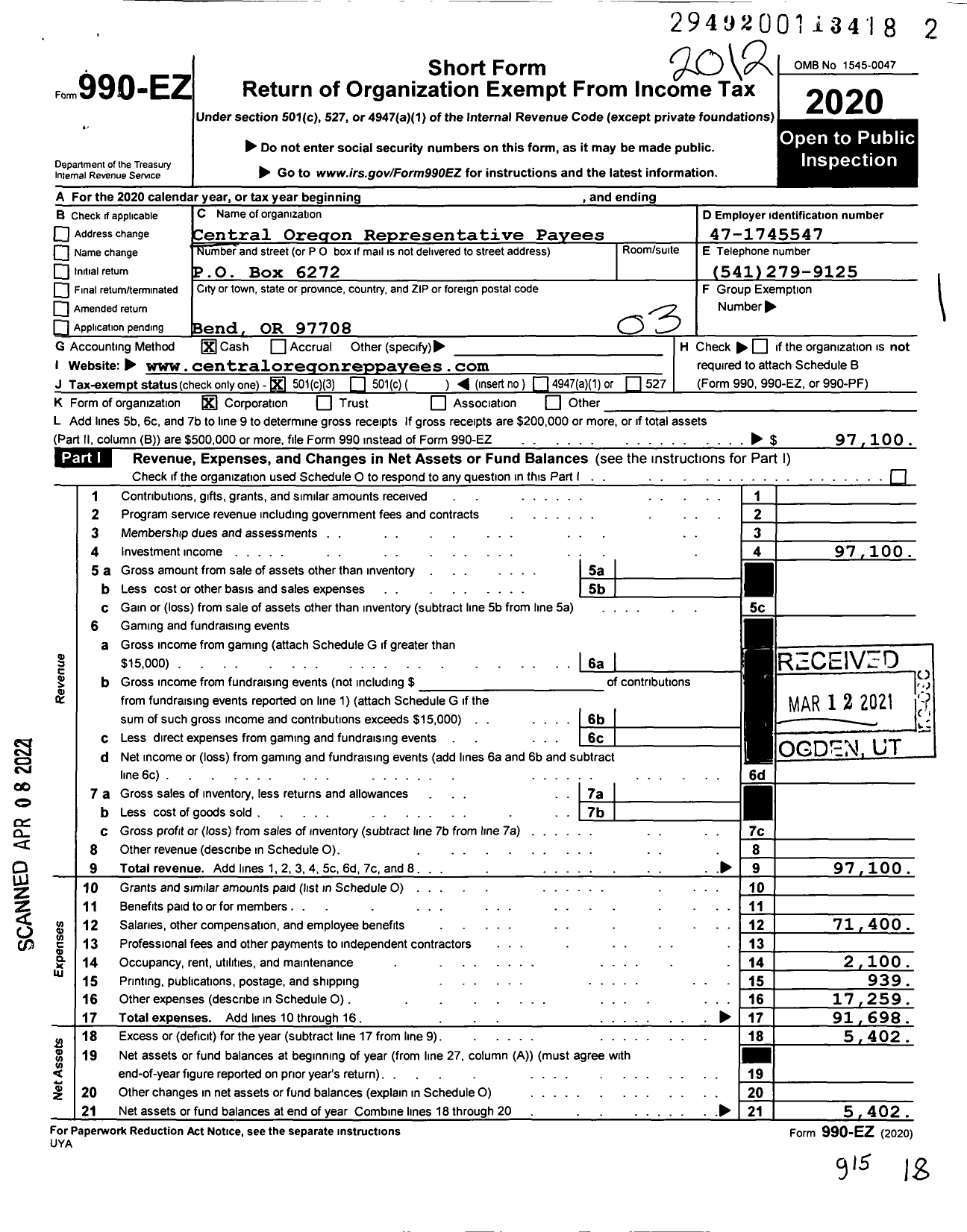 Image of first page of 2020 Form 990EZ for Central Oregon Representative Payees