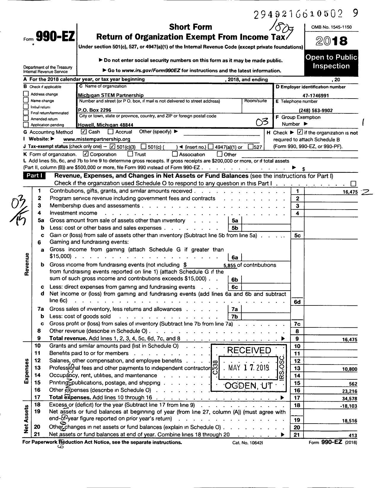 Image of first page of 2018 Form 990EZ for Michigan STEM Partnership