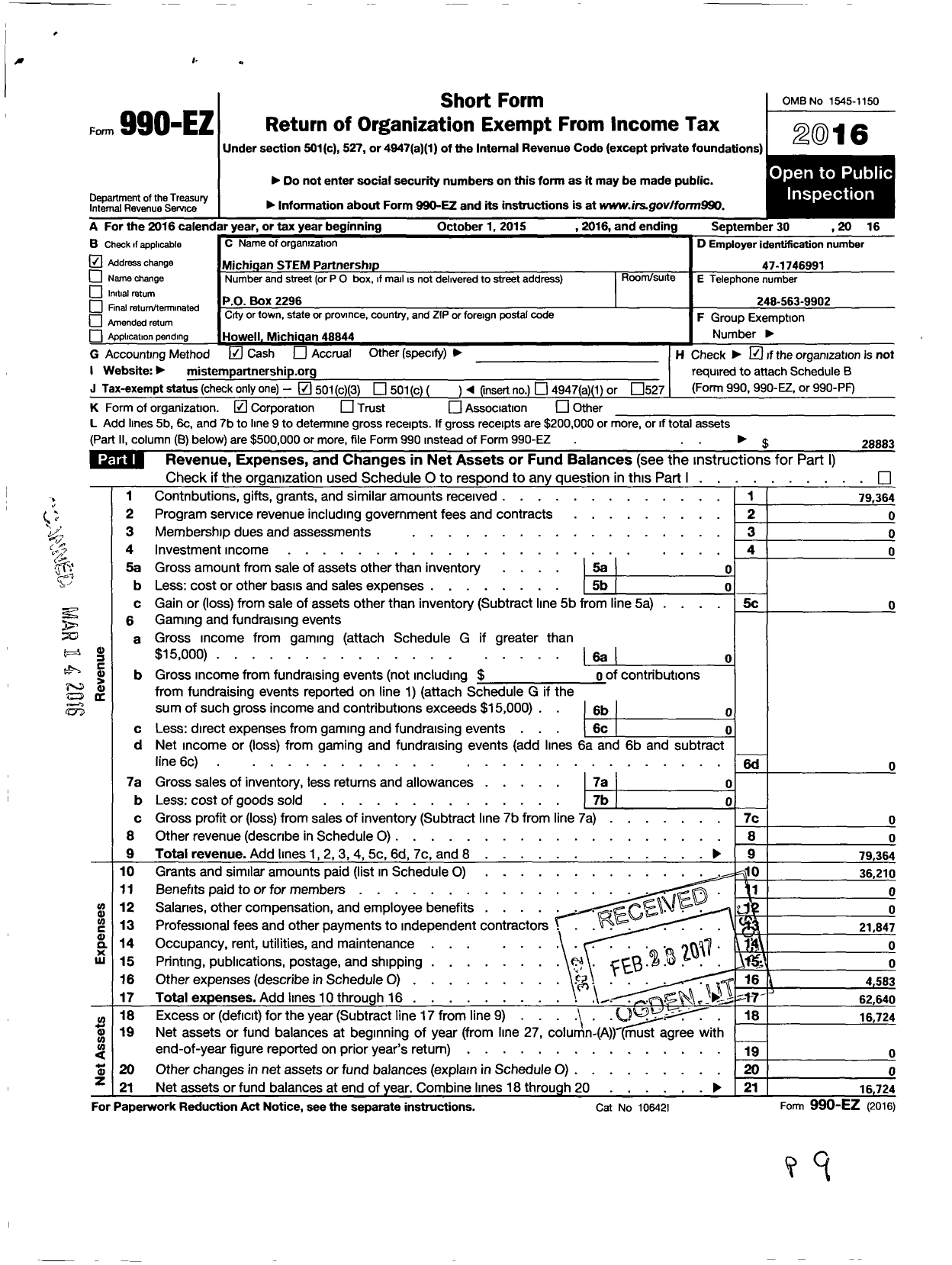 Image of first page of 2015 Form 990EZ for Michigan STEM Partnership