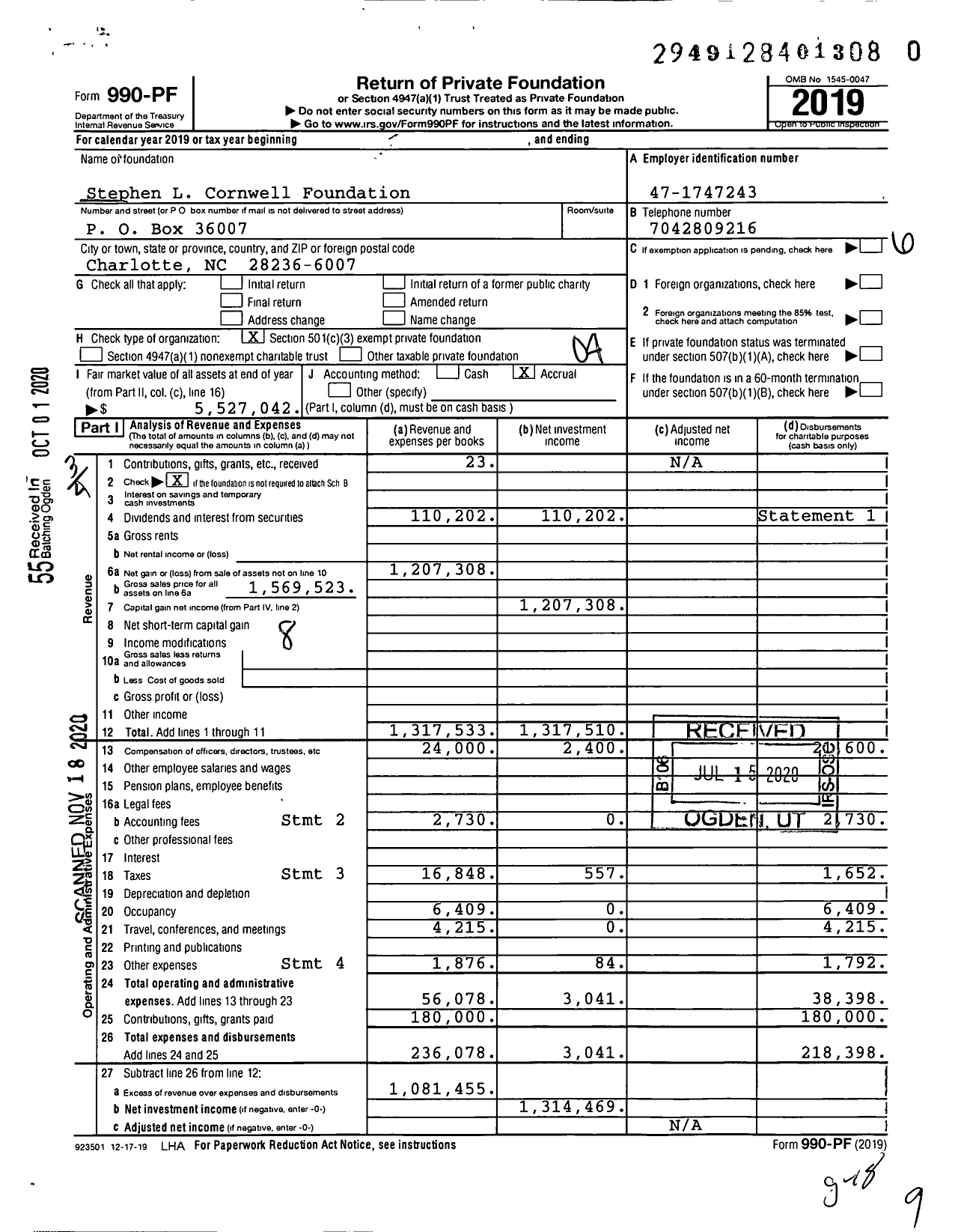 Image of first page of 2019 Form 990PF for Stephen L Cornwell Foundation