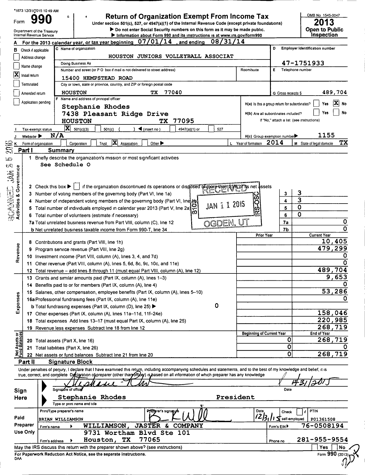 Image of first page of 2013 Form 990 for Amateur Athletic Union - Houston Juniors VBC