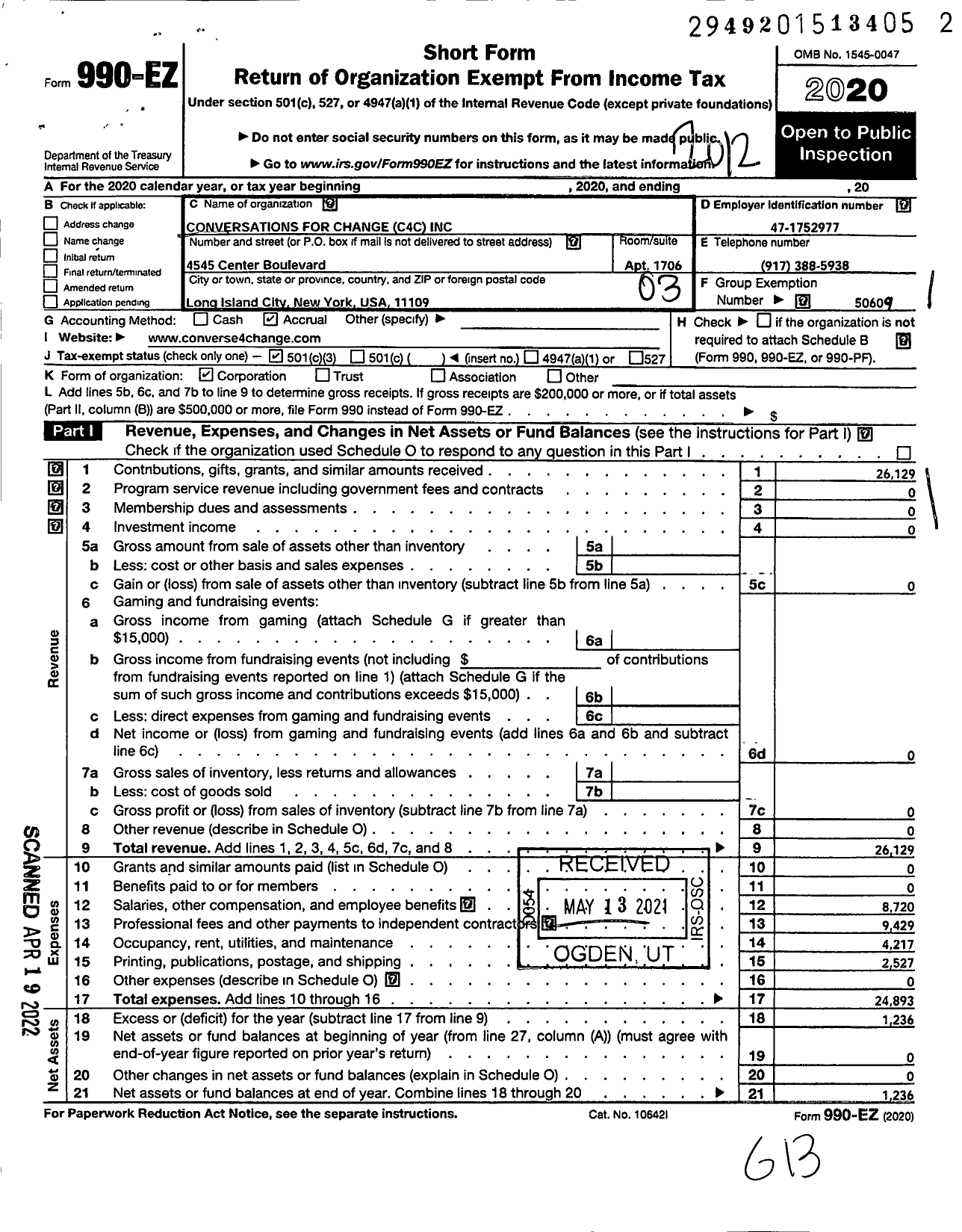 Image of first page of 2020 Form 990EZ for Conversations for Change