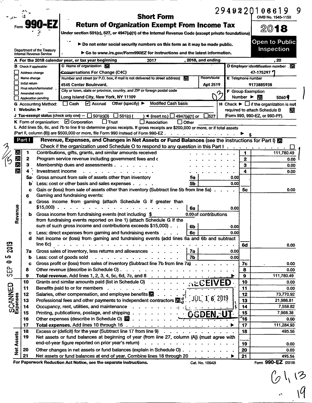 Image of first page of 2018 Form 990EZ for Conversations for Change