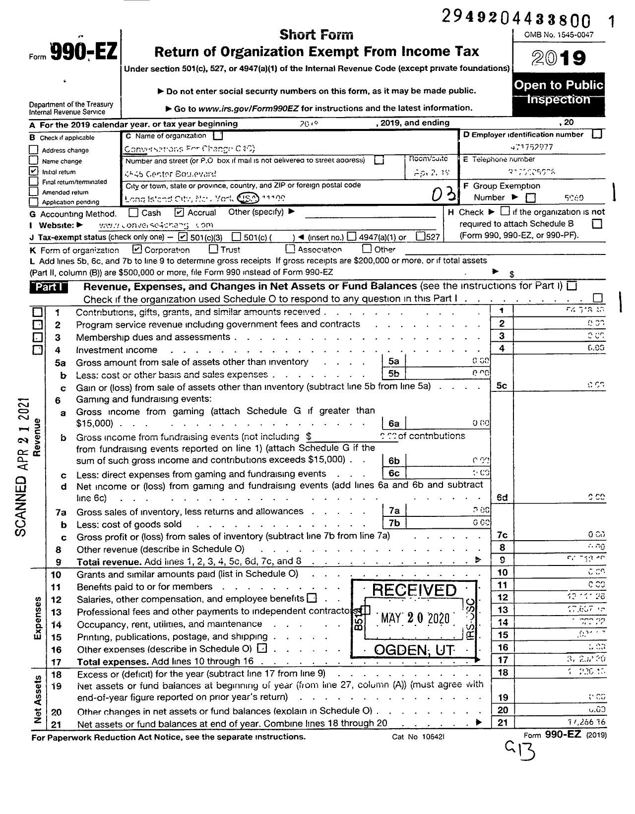 Image of first page of 2019 Form 990EZ for Conversations for Change