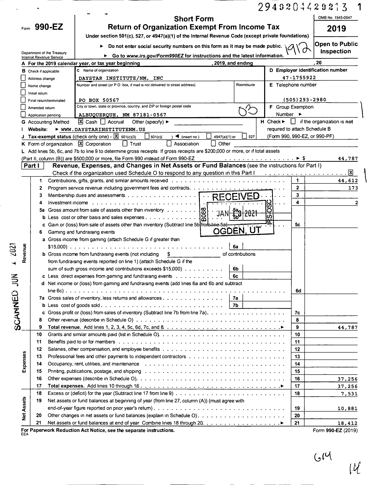 Image of first page of 2019 Form 990EZ for Daystar Institute NM