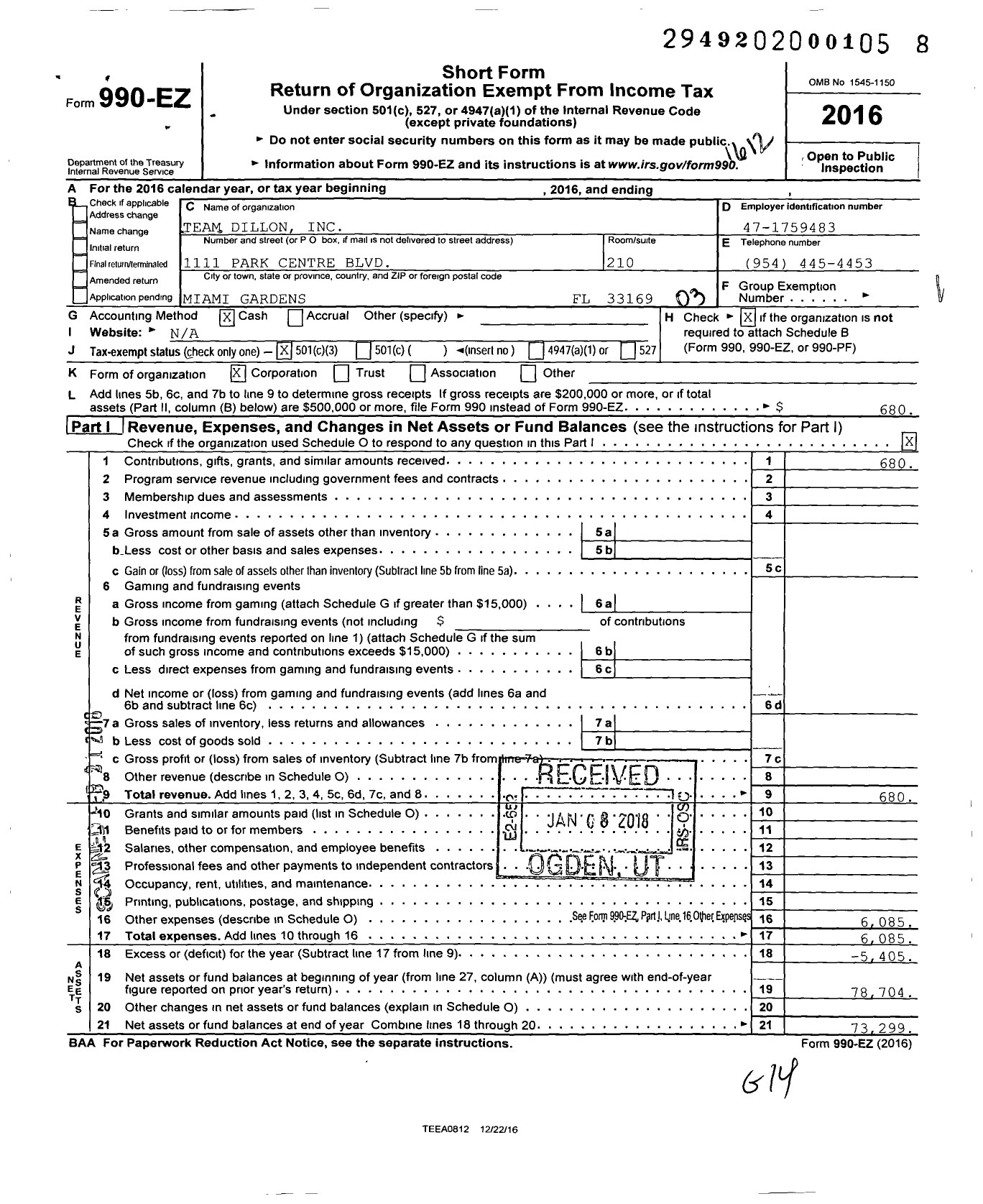 Image of first page of 2016 Form 990EZ for Team Dillon