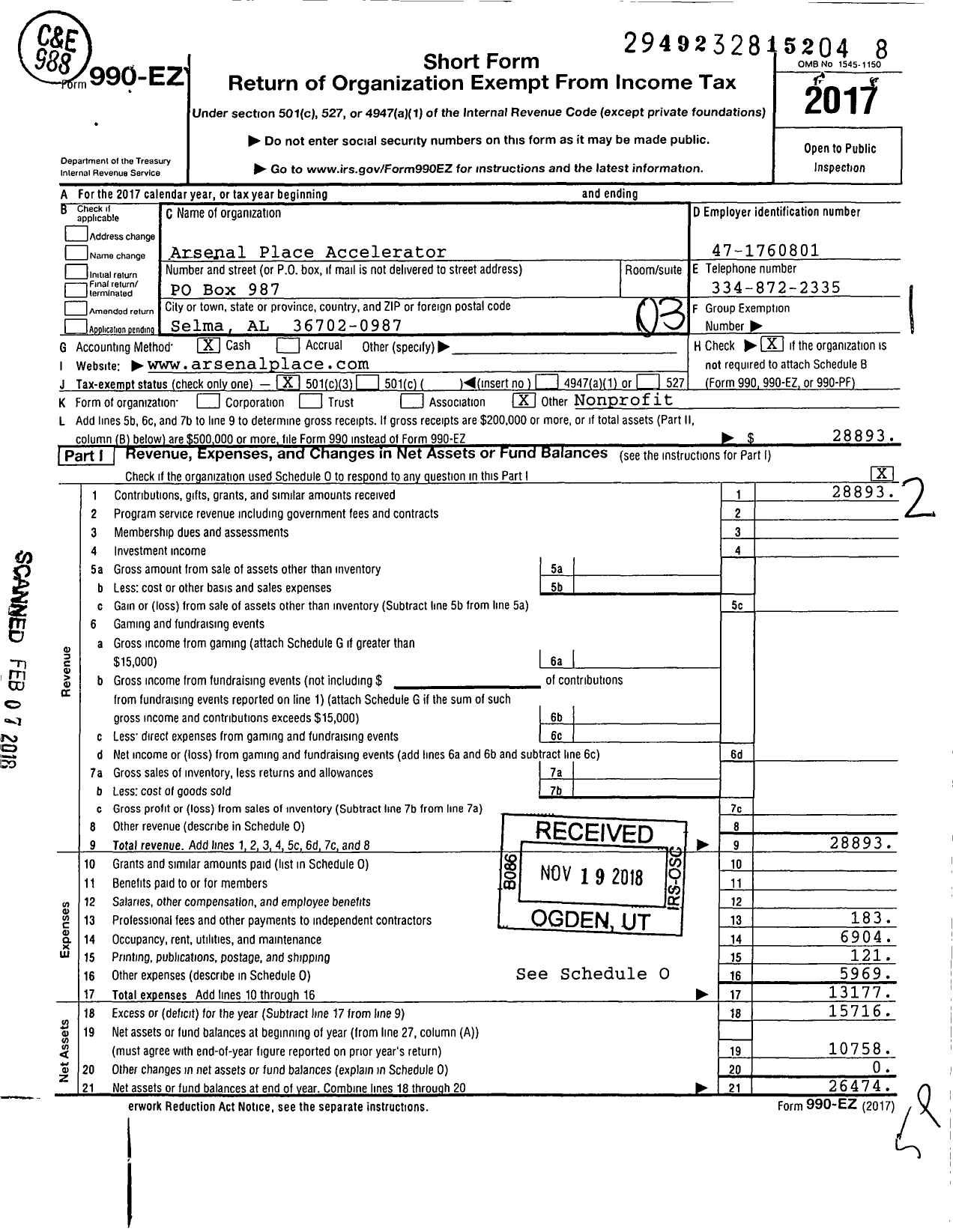 Image of first page of 2017 Form 990EZ for Arsenal Place