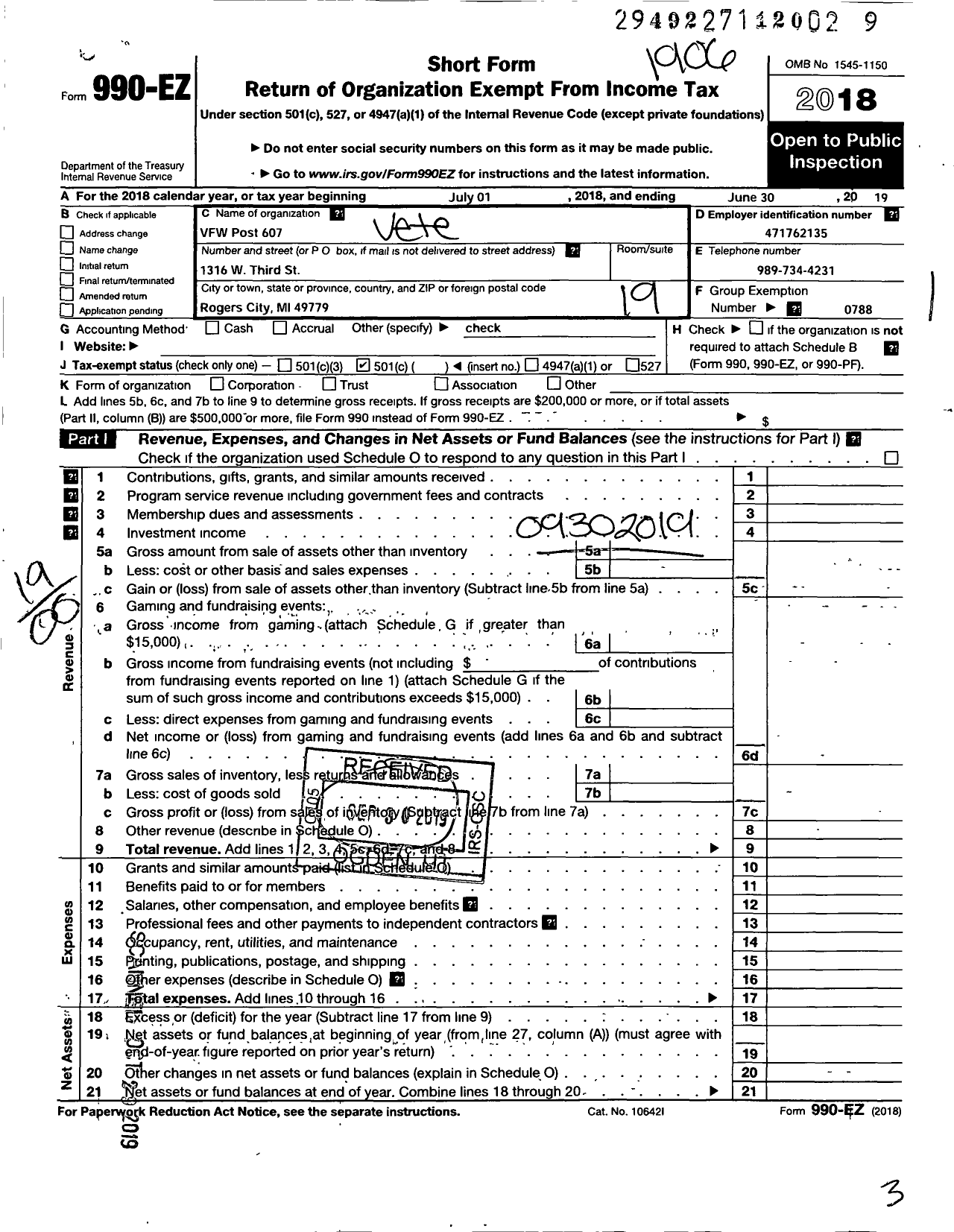 Image of first page of 2018 Form 990EO for VFW Department of Michigan - 607 VFW Post