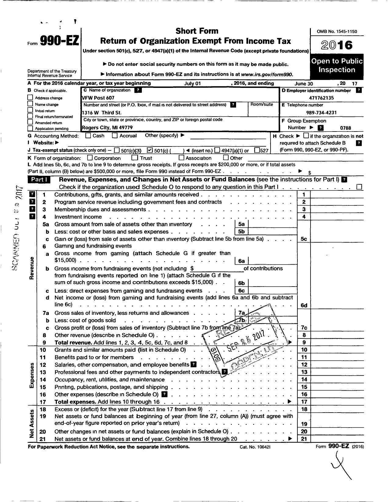 Image of first page of 2016 Form 990EO for VFW Department of Michigan - 607 VFW Post