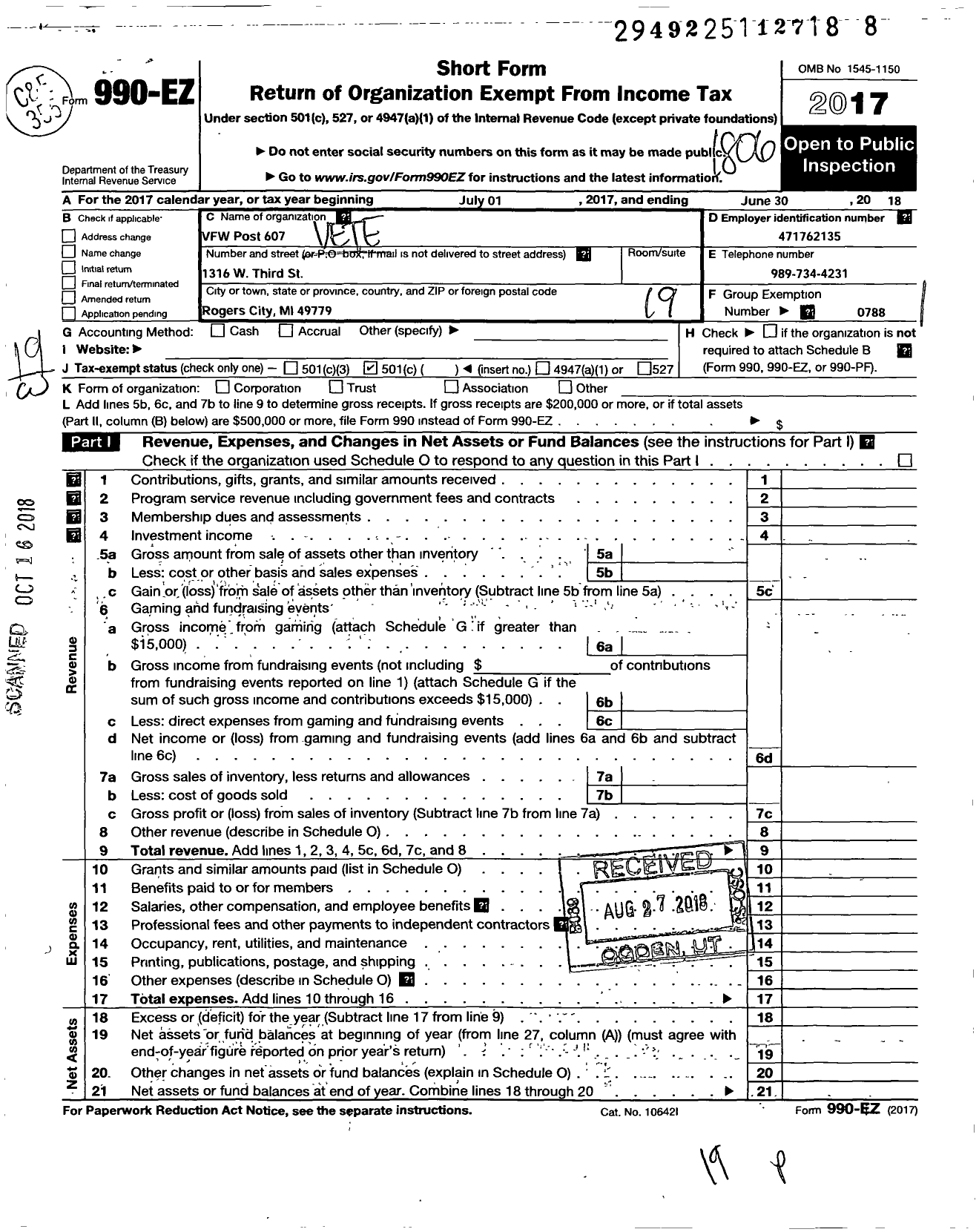 Image of first page of 2017 Form 990EO for VFW Department of Michigan - 607 VFW Post