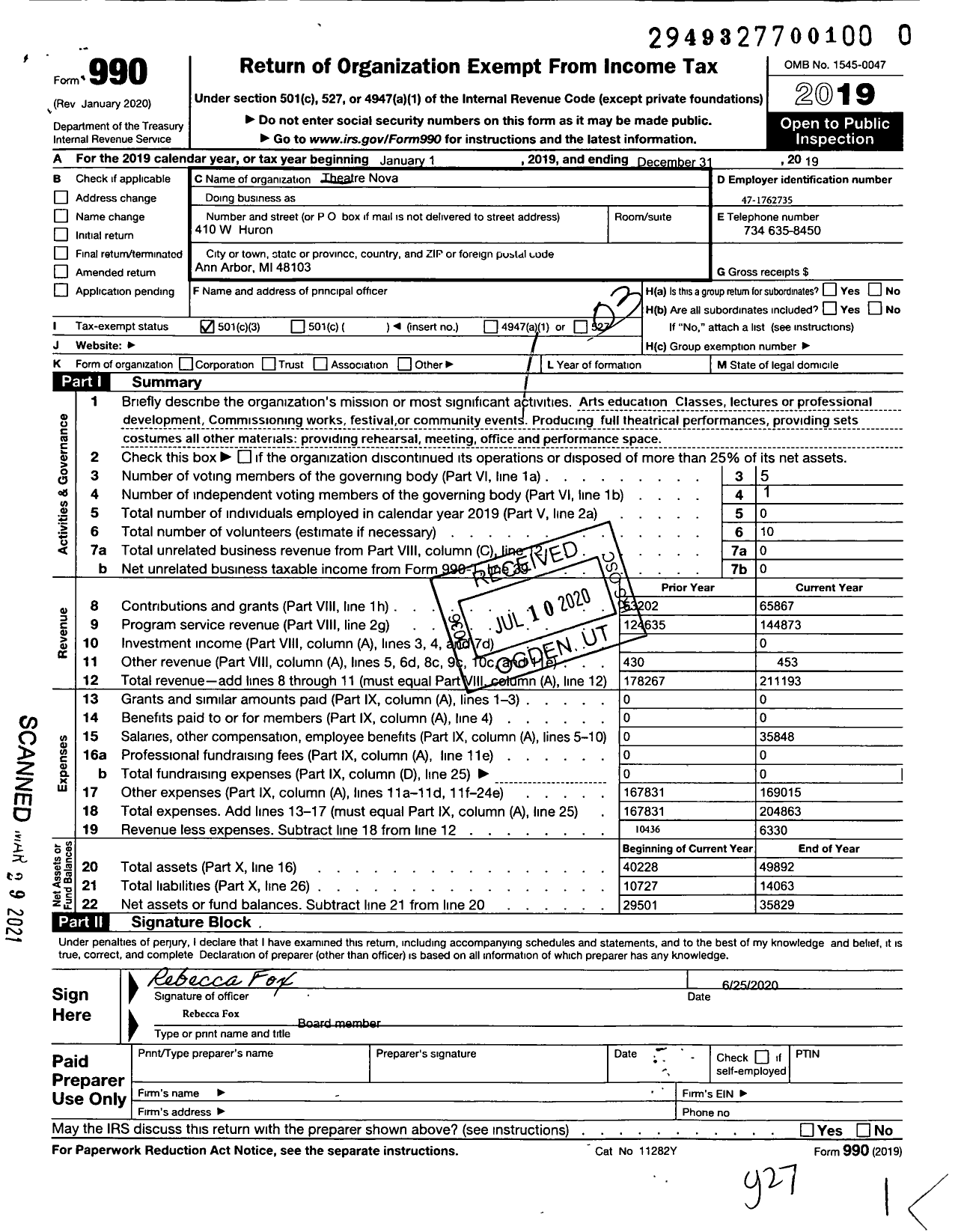 Image of first page of 2019 Form 990 for Theatre Nova