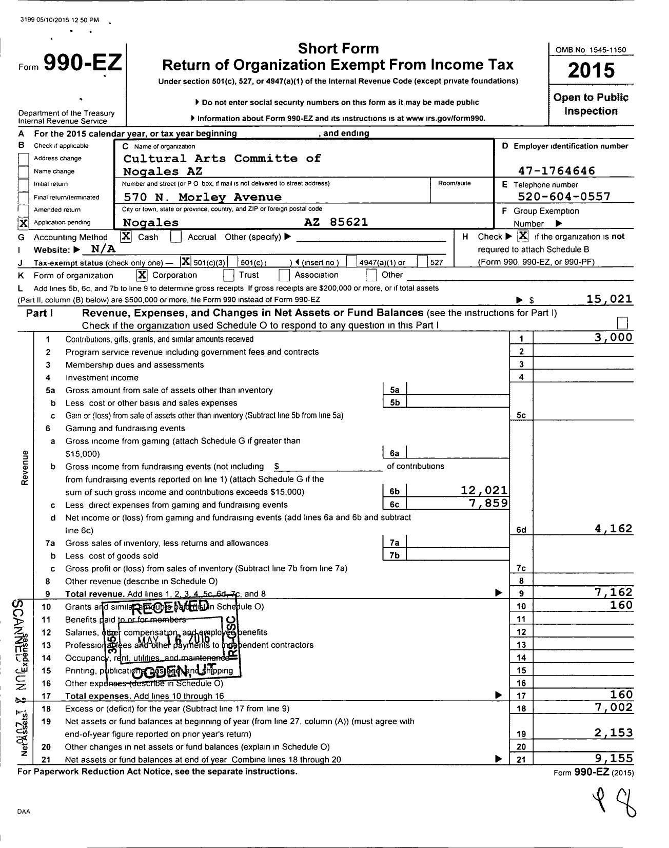 Image of first page of 2015 Form 990EZ for Cultural Arts Committe of Nogales Arizona