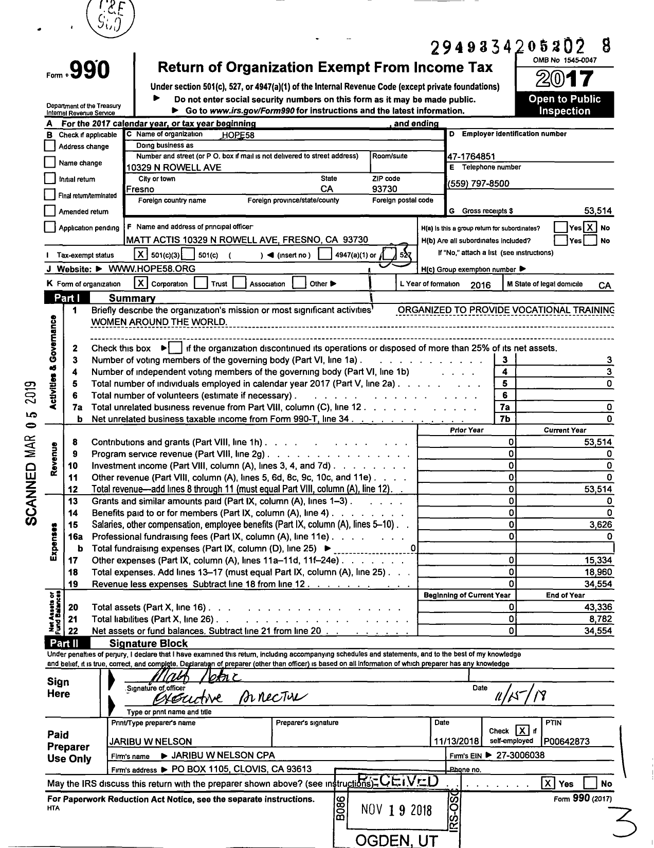 Image of first page of 2017 Form 990 for Hope58