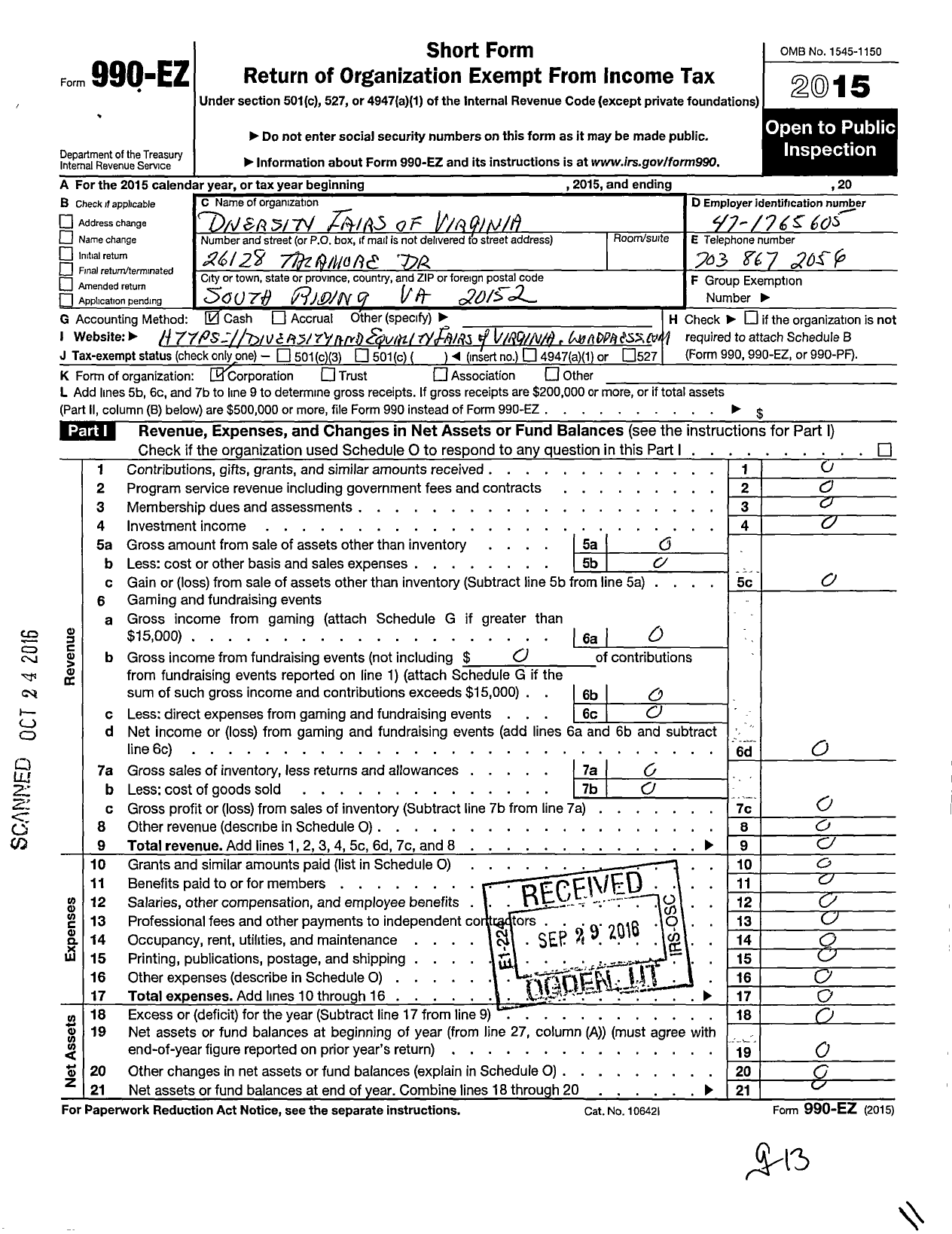 Image of first page of 2015 Form 990EO for Diversity Fairs of Virginia