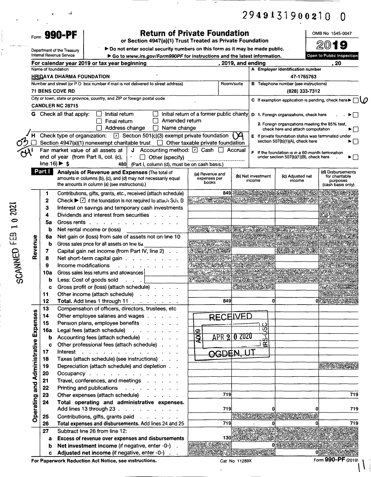 Image of first page of 2019 Form 990PF for Hridaya Dharma Foundation