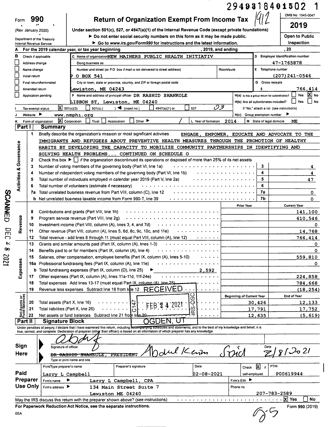 Image of first page of 2019 Form 990 for New Mainers Public Health Initiative