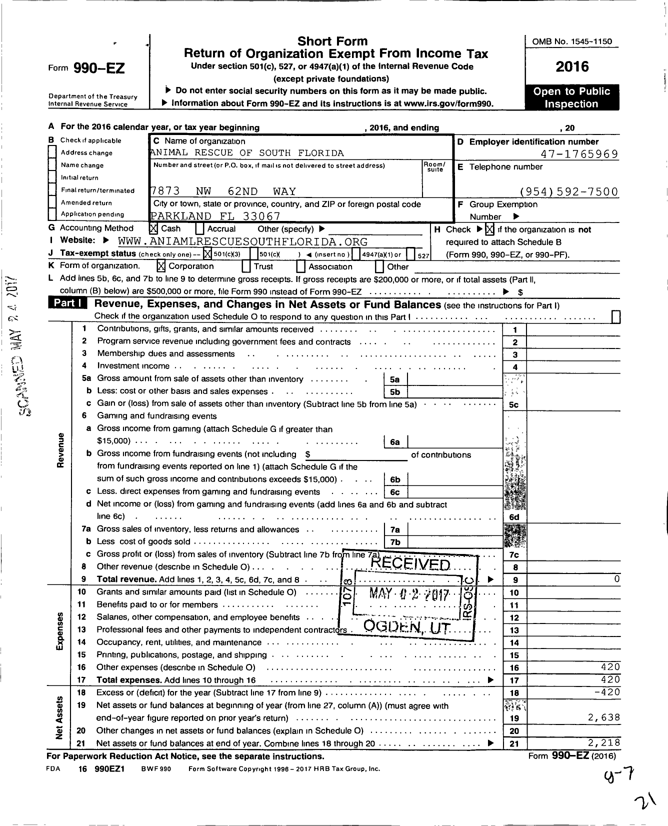 Image of first page of 2016 Form 990EZ for Animal Rescue of South Florida