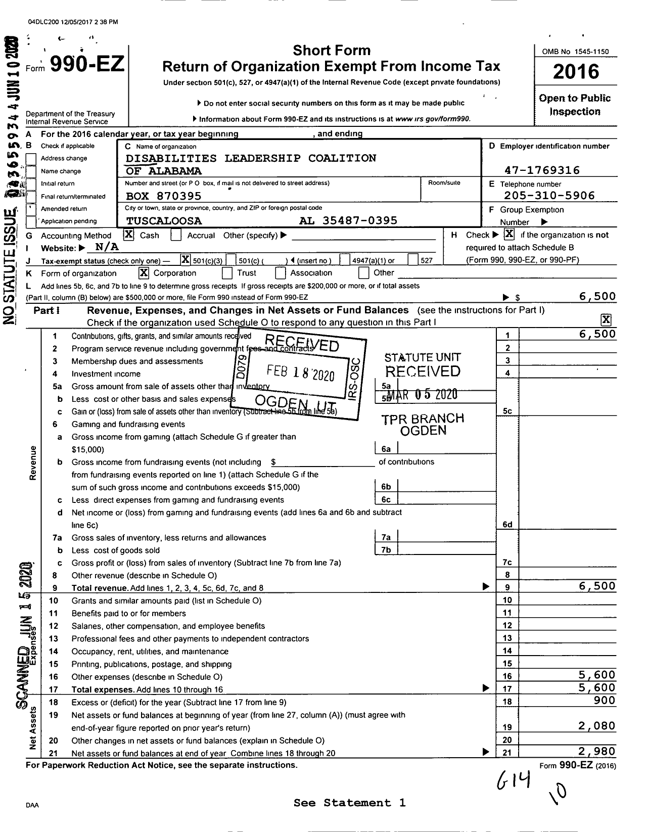 Image of first page of 2016 Form 990EA for Disabilities Leadership Coalition of Alabama