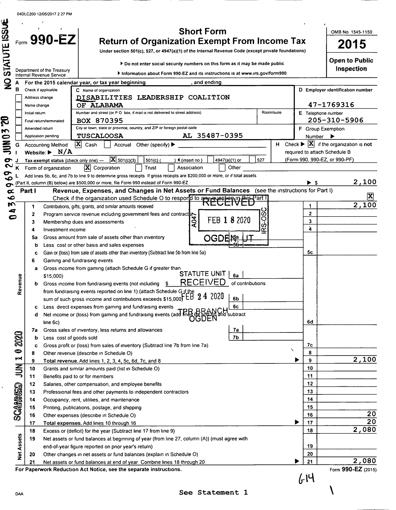 Image of first page of 2015 Form 990EA for Disabilities Leadership Coalition of Alabama