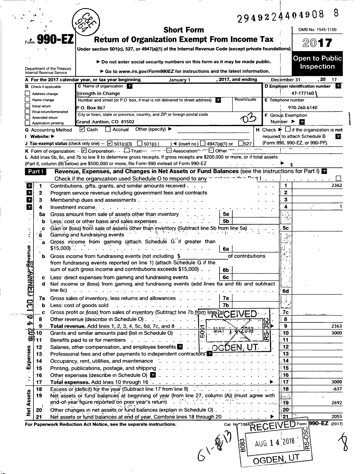 Image of first page of 2017 Form 990EZ for Strength in Change