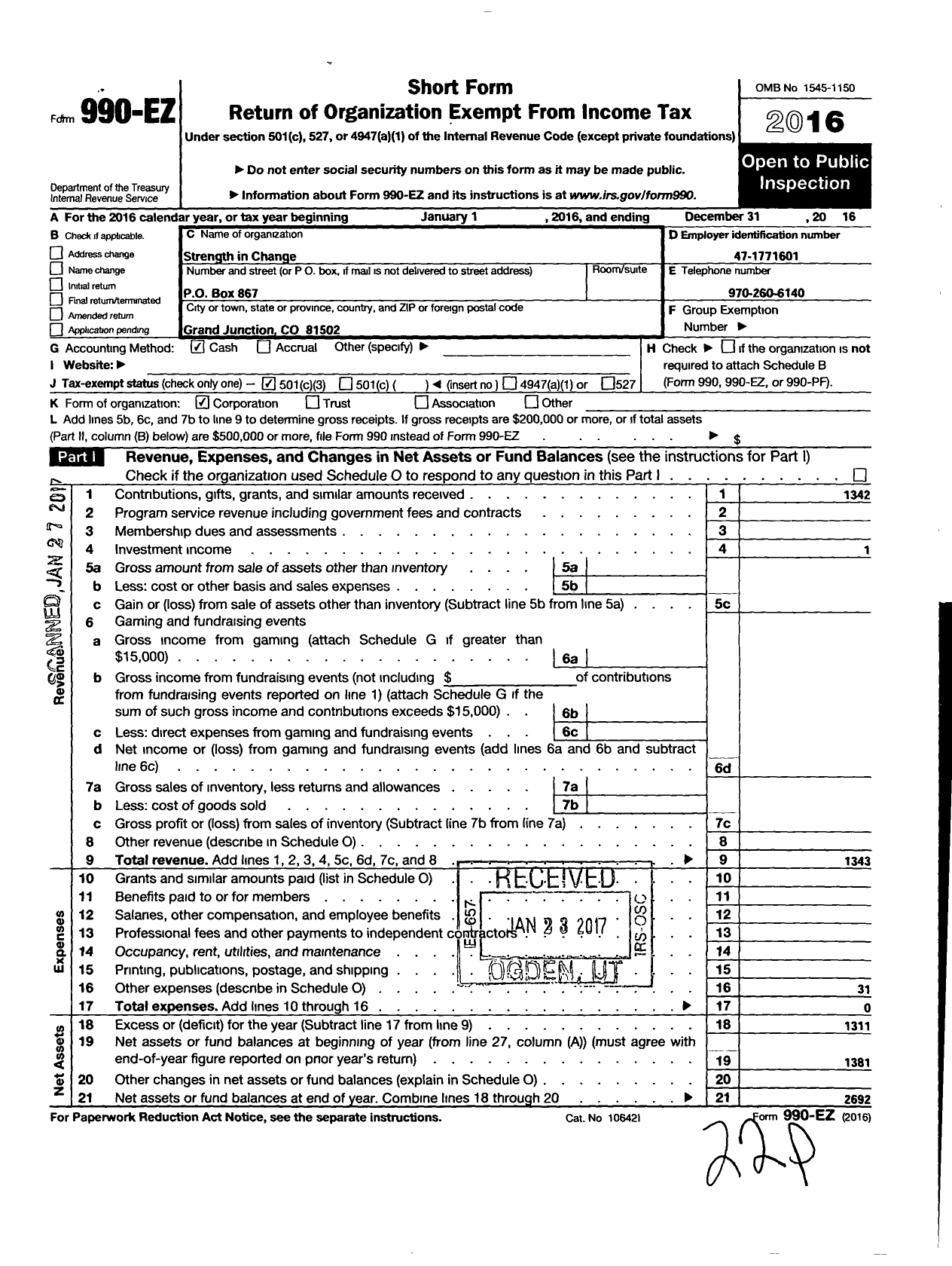 Image of first page of 2016 Form 990EZ for Strength in Change