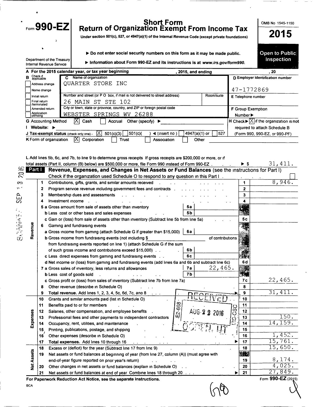 Image of first page of 2015 Form 990EZ for Quarter Store