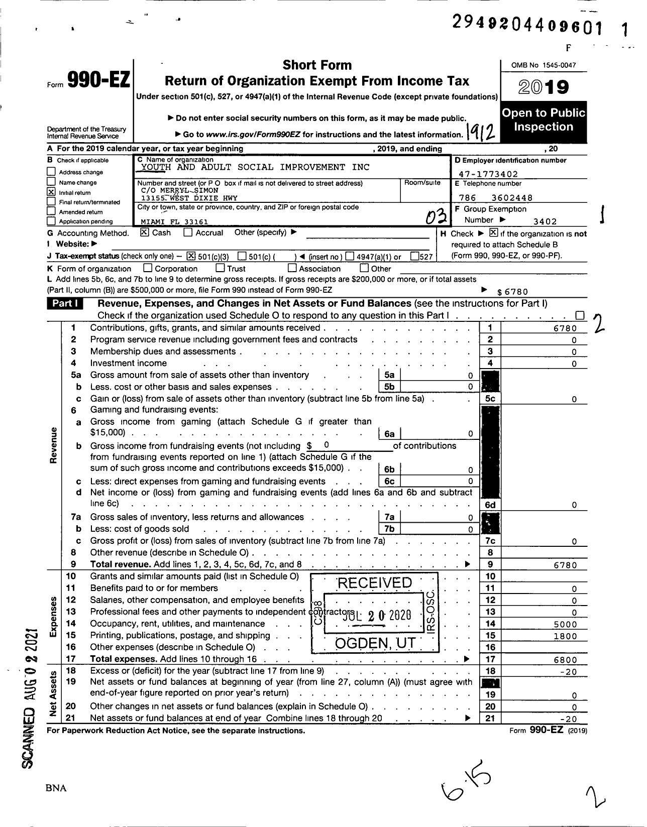 Image of first page of 2019 Form 990EZ for Youth and Adult Social Improvement