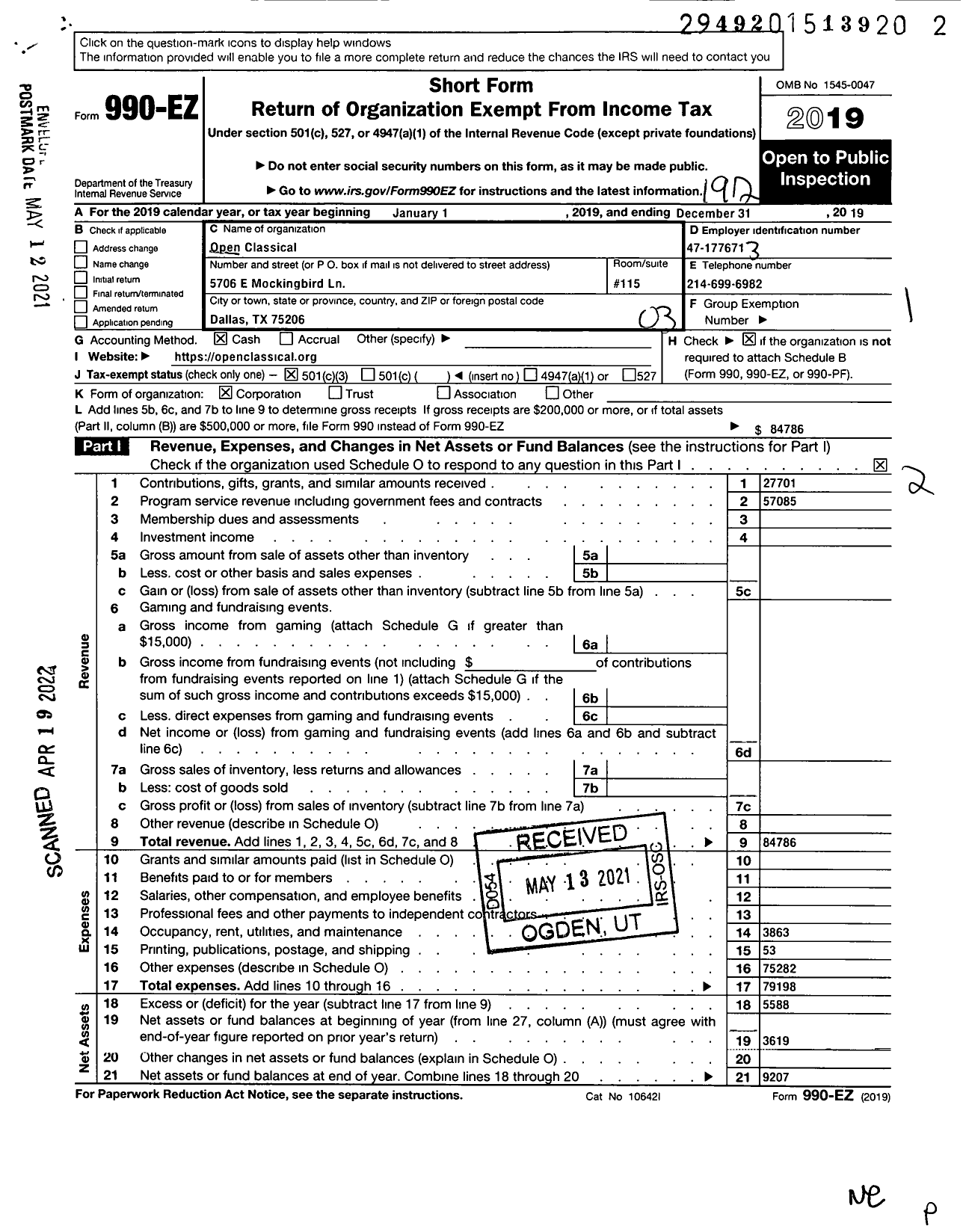 Image of first page of 2019 Form 990EZ for Open Classical