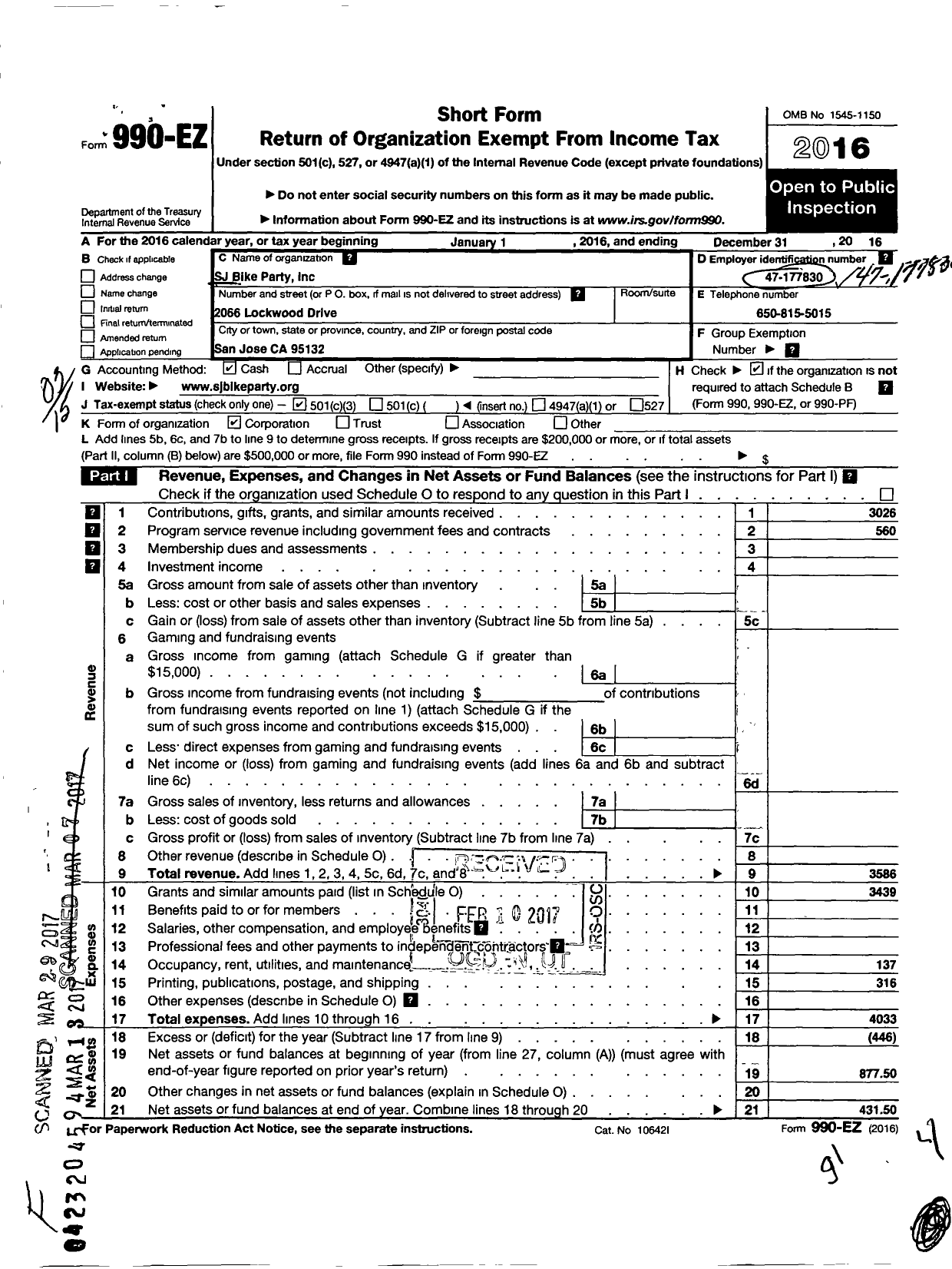 Image of first page of 2016 Form 990EZ for SJ Bike Party