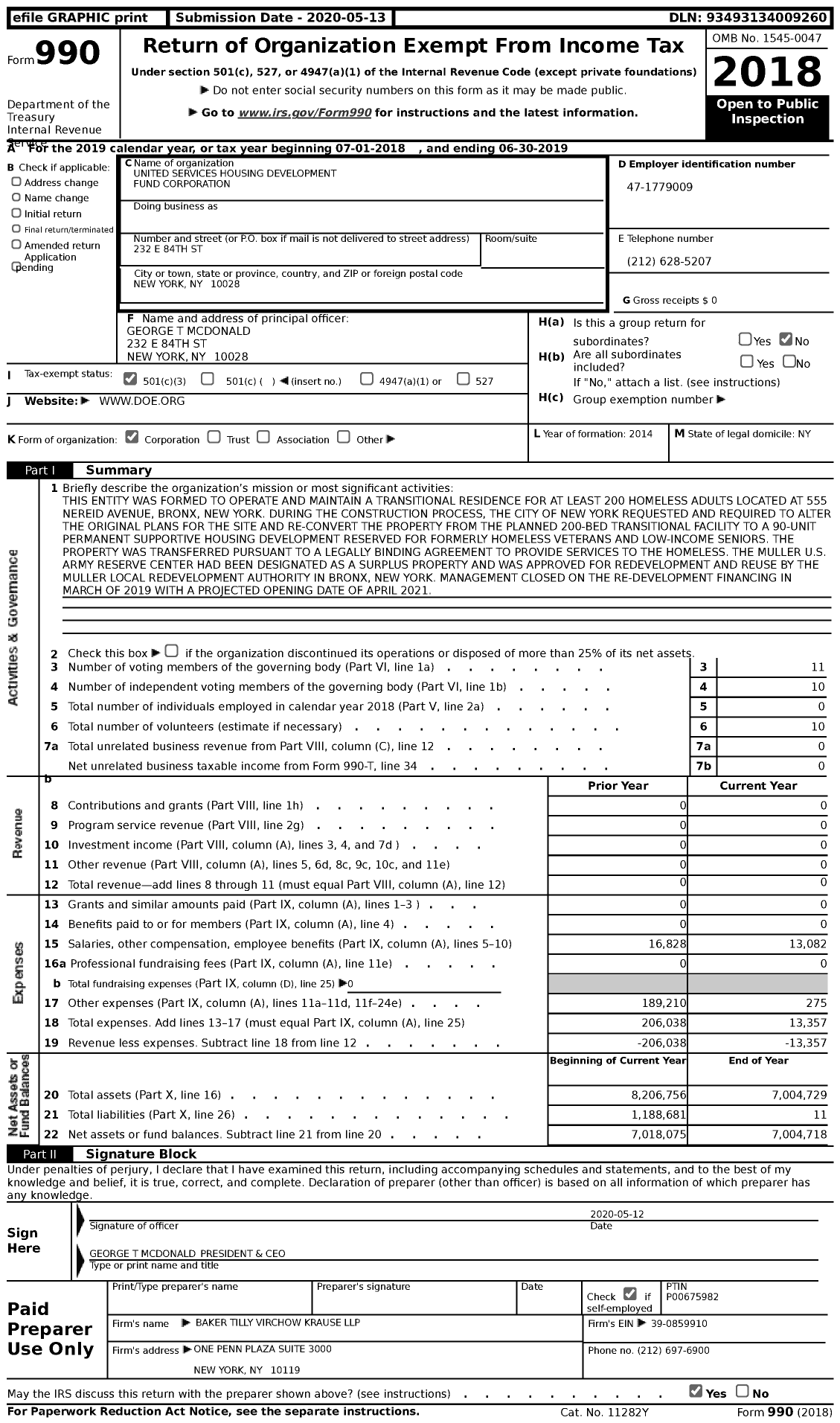 Image of first page of 2018 Form 990 for United Services Housing Development Fund Corporation