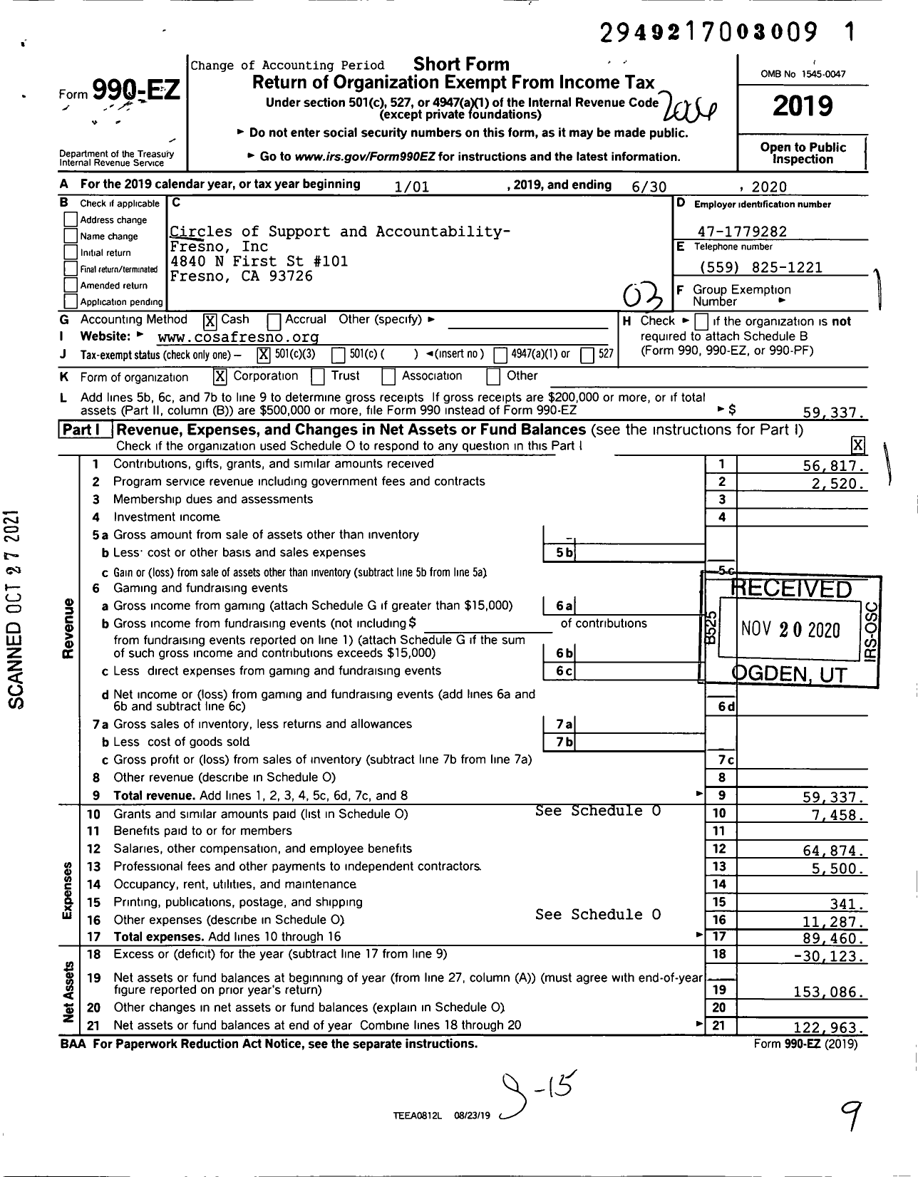 Image of first page of 2019 Form 990EZ for Community Justice Center / Circles of Support and Accountability