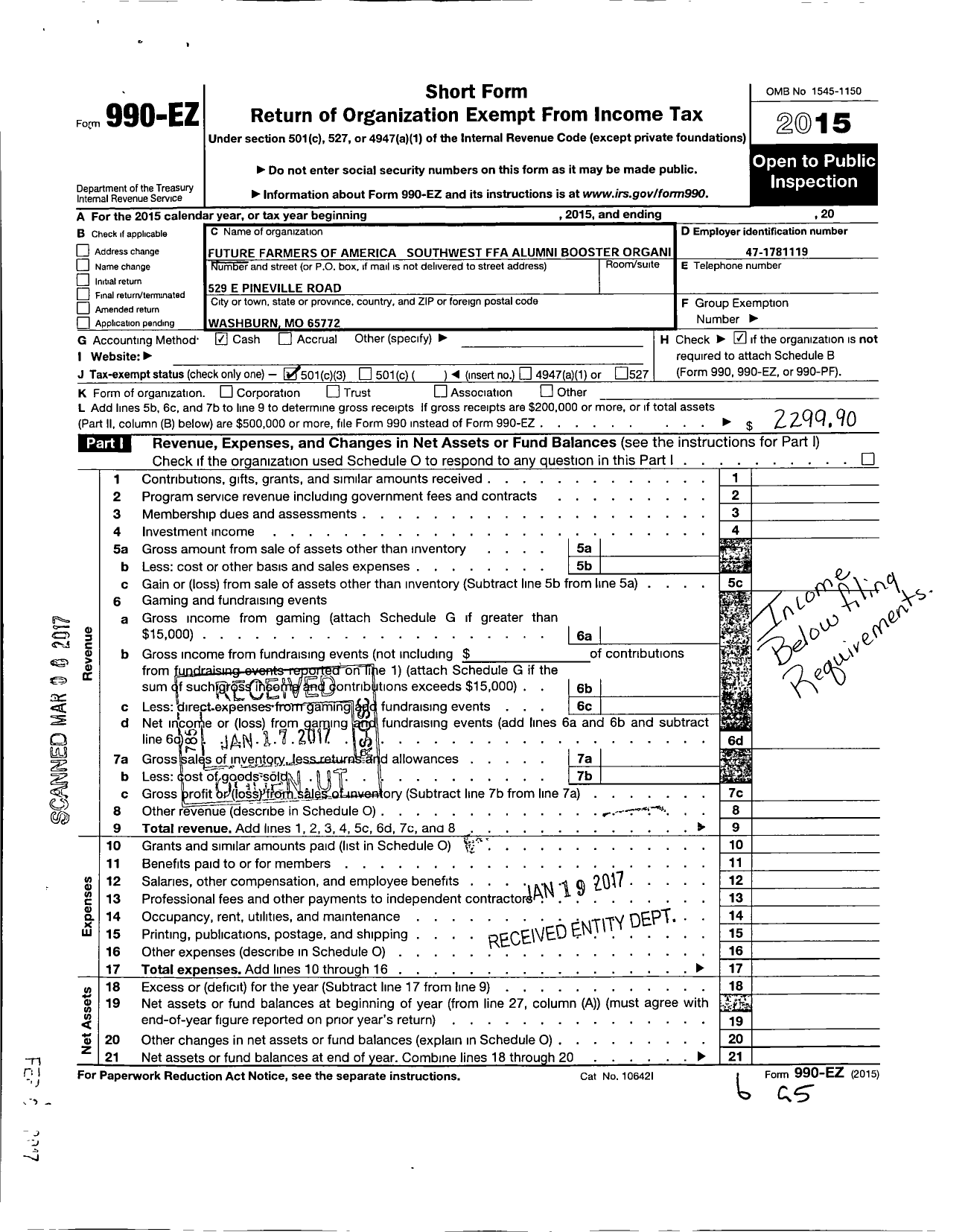 Image of first page of 2015 Form 990EZ for Future Farmers of America - Southwest Ffa Alumni Booster Organi