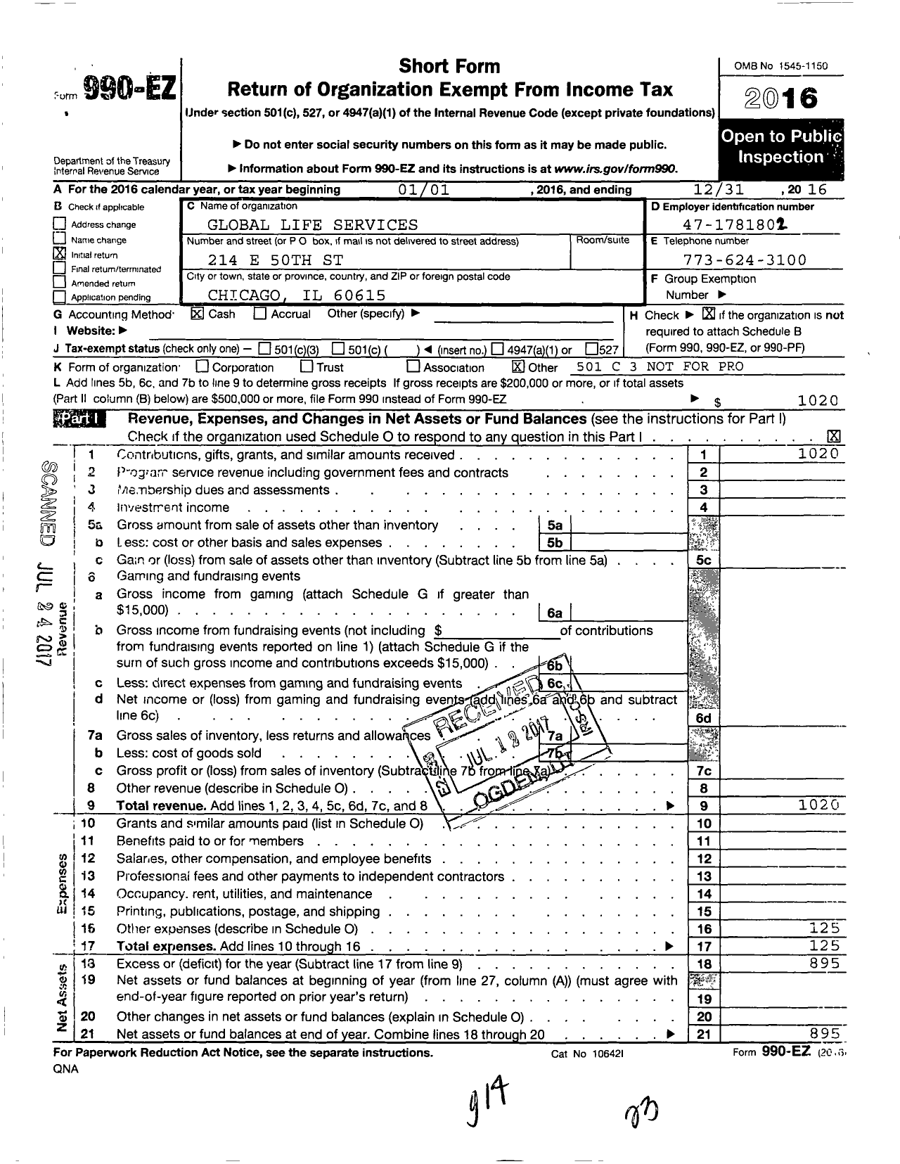 Image of first page of 2016 Form 990EO for Global Life Services Community Development Corporation NFP